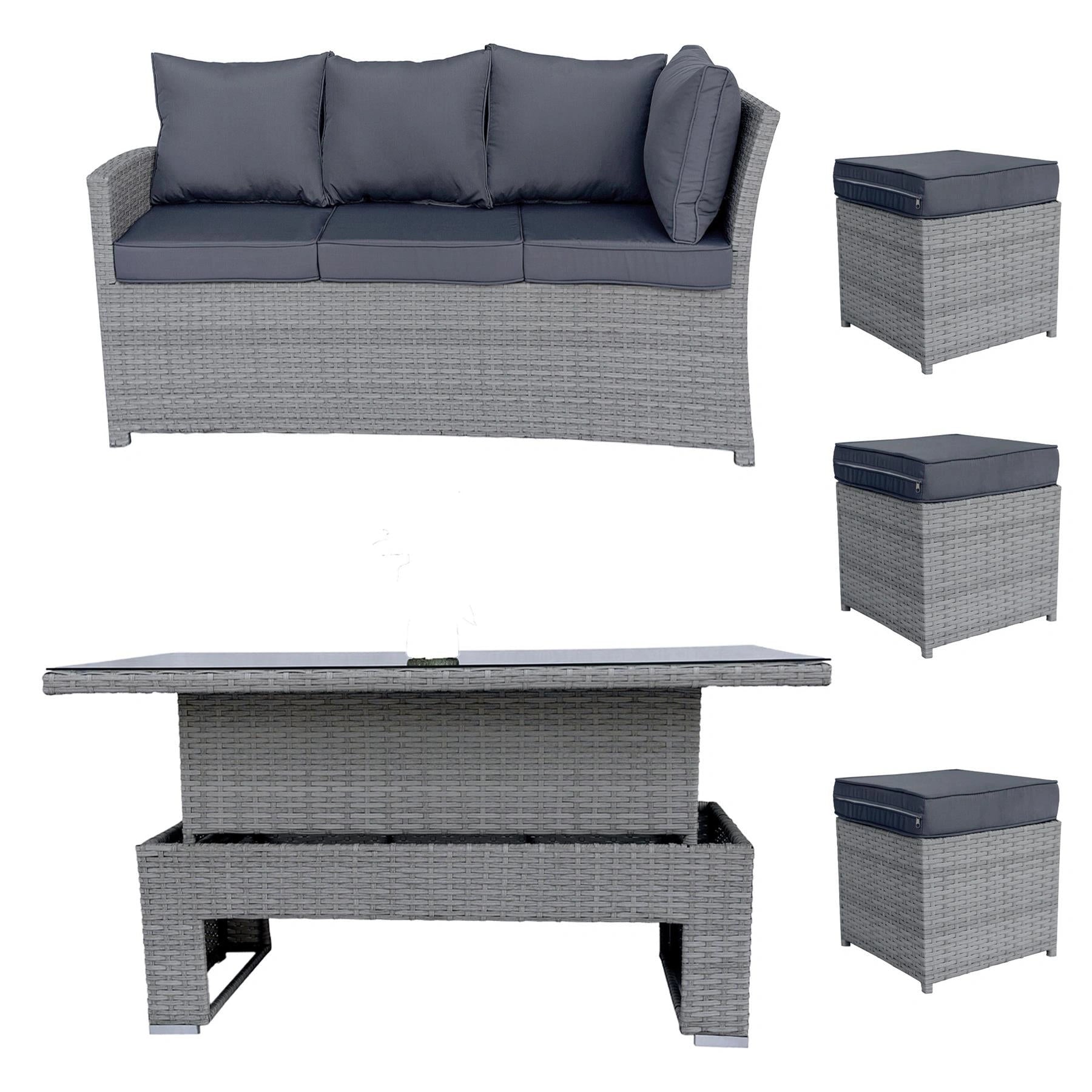 8-Seater Grey Rattan Corner Sofa Set with Rising Table & 3 Stools