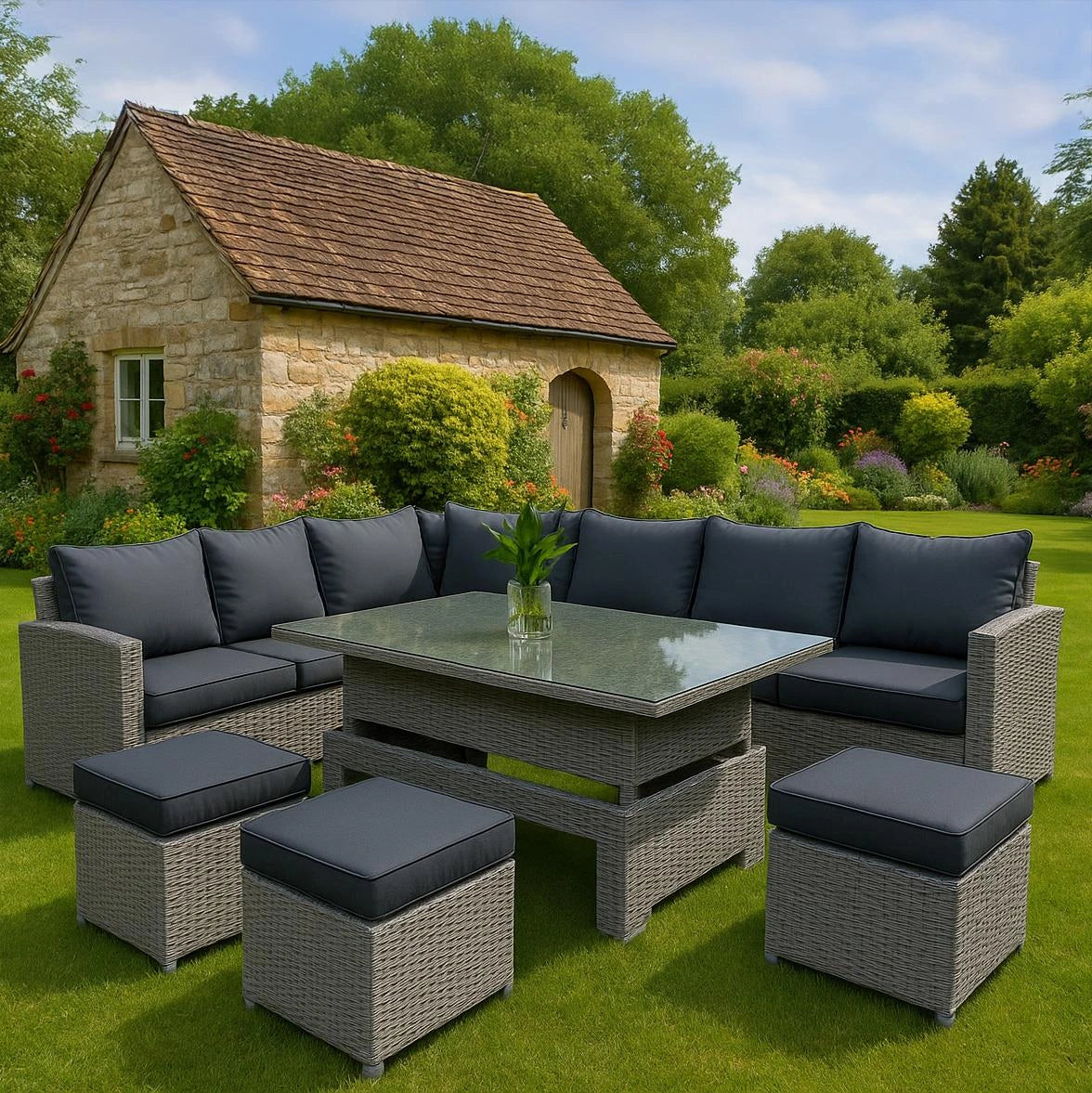 8-Seater Grey Rattan Corner Sofa Set with Rising Table & 3 Stools