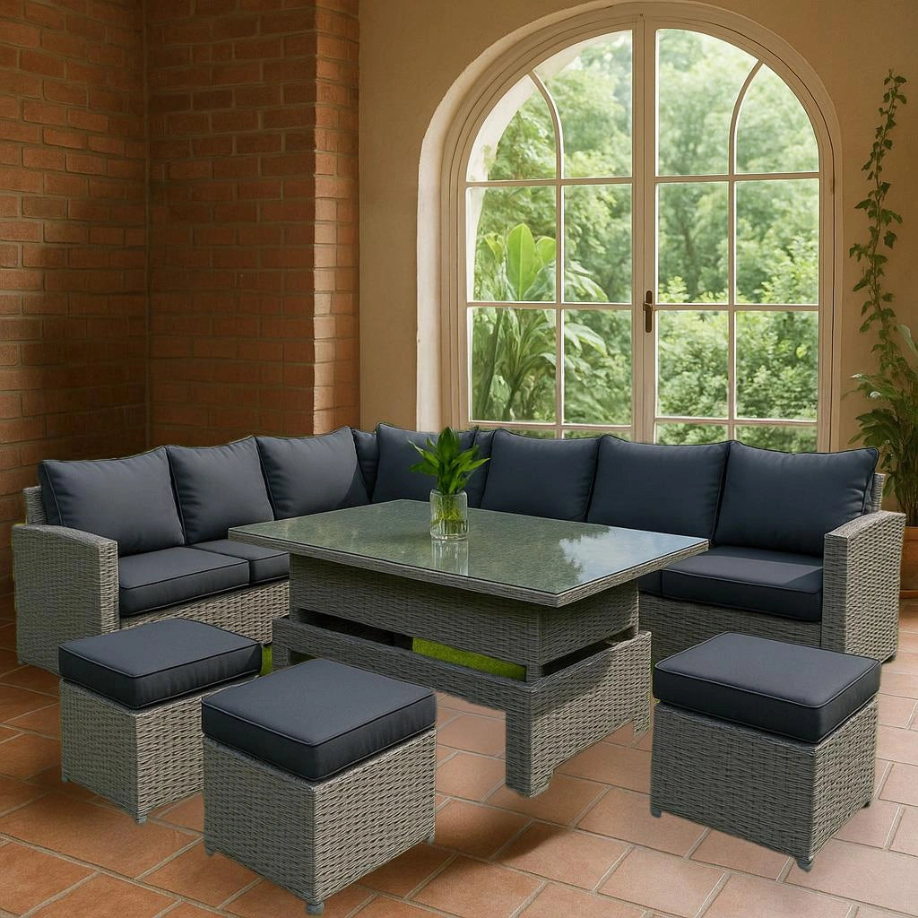 8-Seater Grey Rattan Corner Sofa Set with Rising Table & 3 Stools
