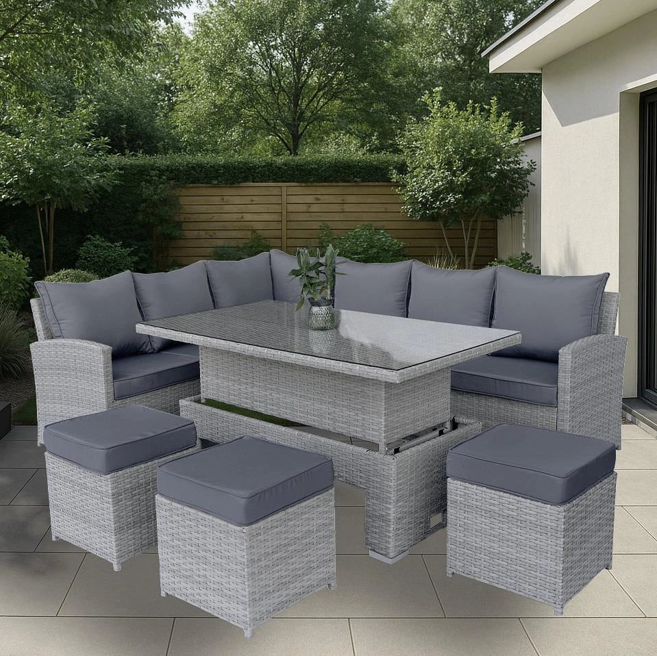 8-Seater Grey Rattan Corner Sofa Set with Rising Table & 3 Stools
