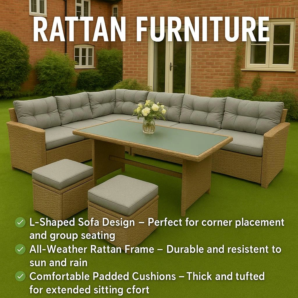 8-Seater Rattan Garden Corner Sofa Set with Coffee Table & Stools