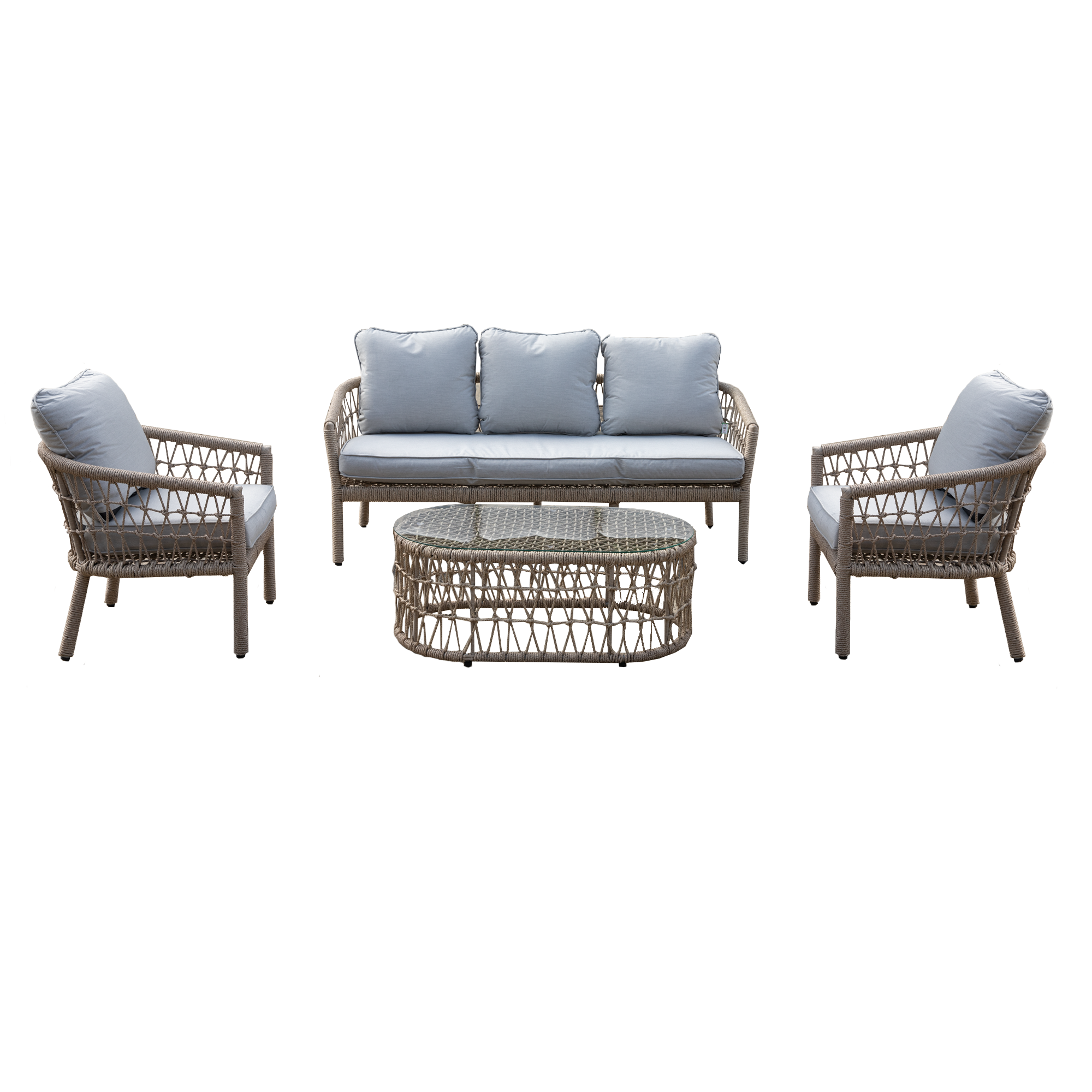 4Pcs Capri 5 Seater Sofa Set Natural Woven Rattan - Sofa, Table, Chairs