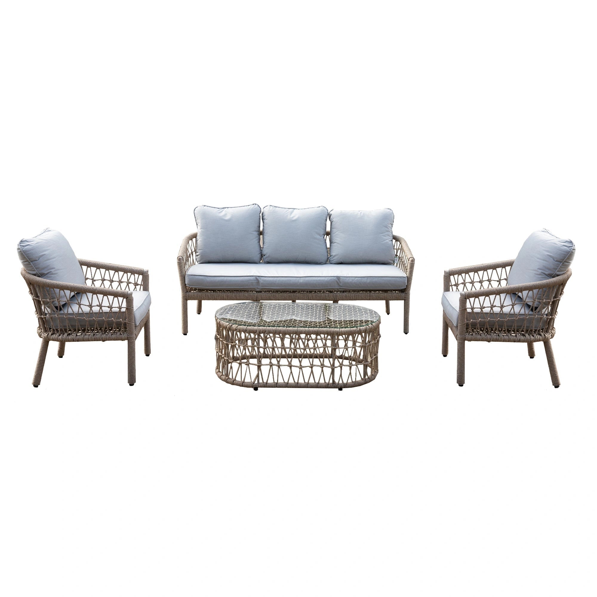 4Pcs Capri 5 Seater Sofa Set Natural Woven Rattan - Sofa, Table, Chairs