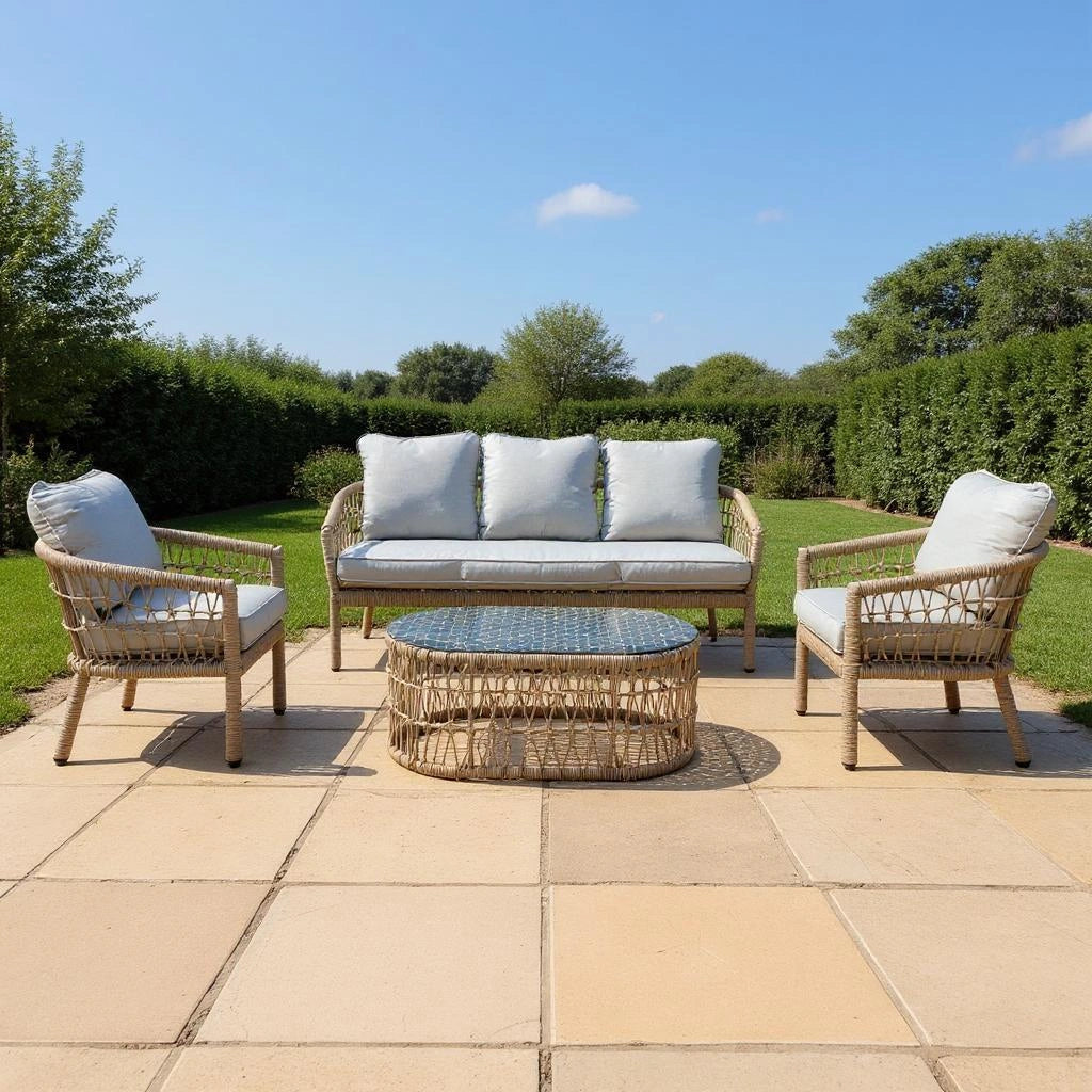 4Pcs Capri 5 Seater Sofa Set Natural Woven Rattan - Sofa, Table, Chairs