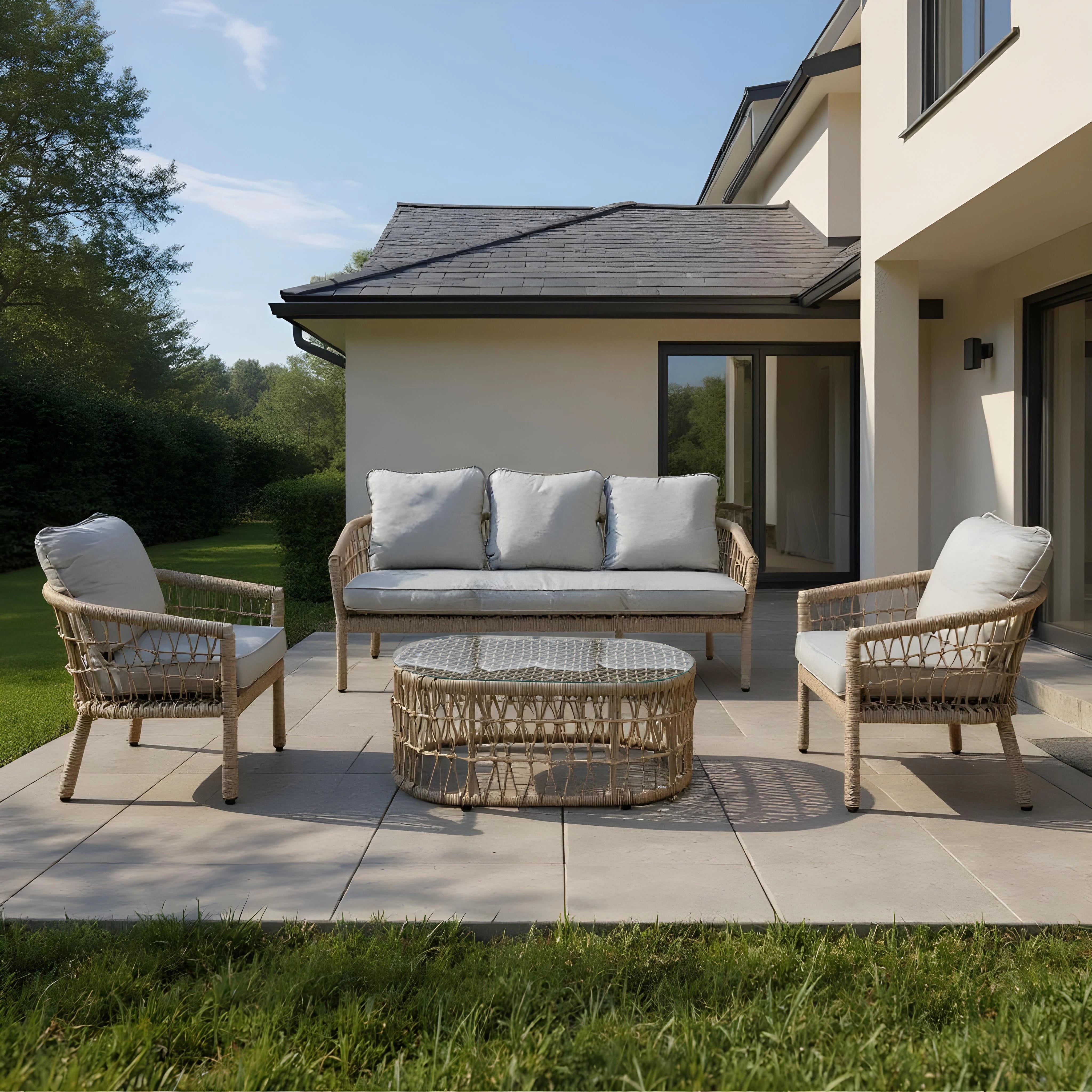 4Pcs Capri 5 Seater Sofa Set Natural Woven Rattan - Sofa, Table, Chairs