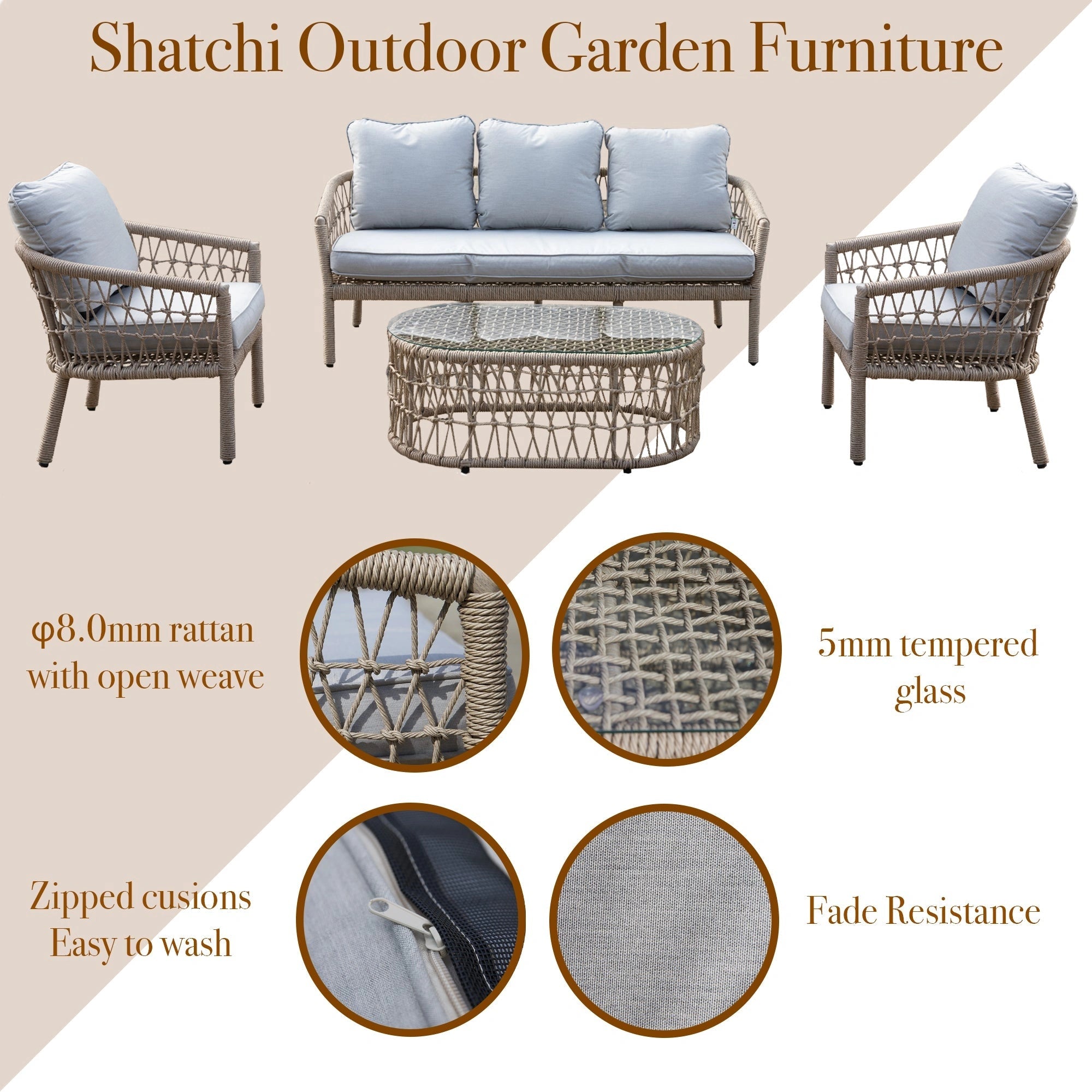 4Pcs Capri 5 Seater Sofa Set Natural Woven Rattan - Sofa, Table, Chairs