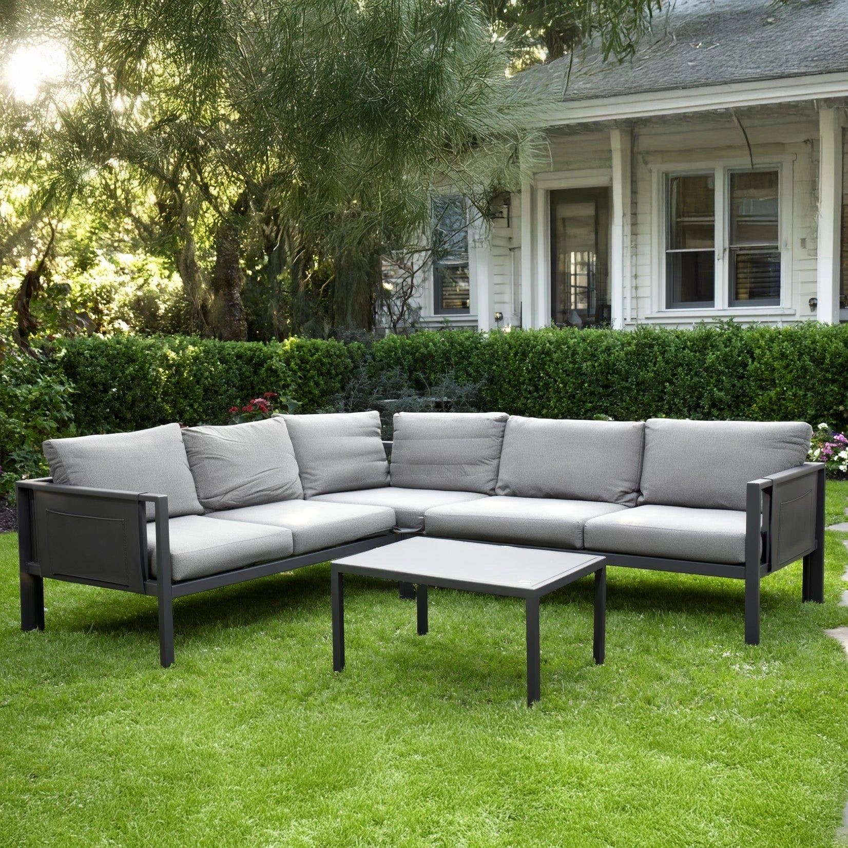 Marseilles Corner Sofa 5 Seater Outdoor Conversation Set w/ Loveseats, Coffee Table & Mesh Pocket Grey