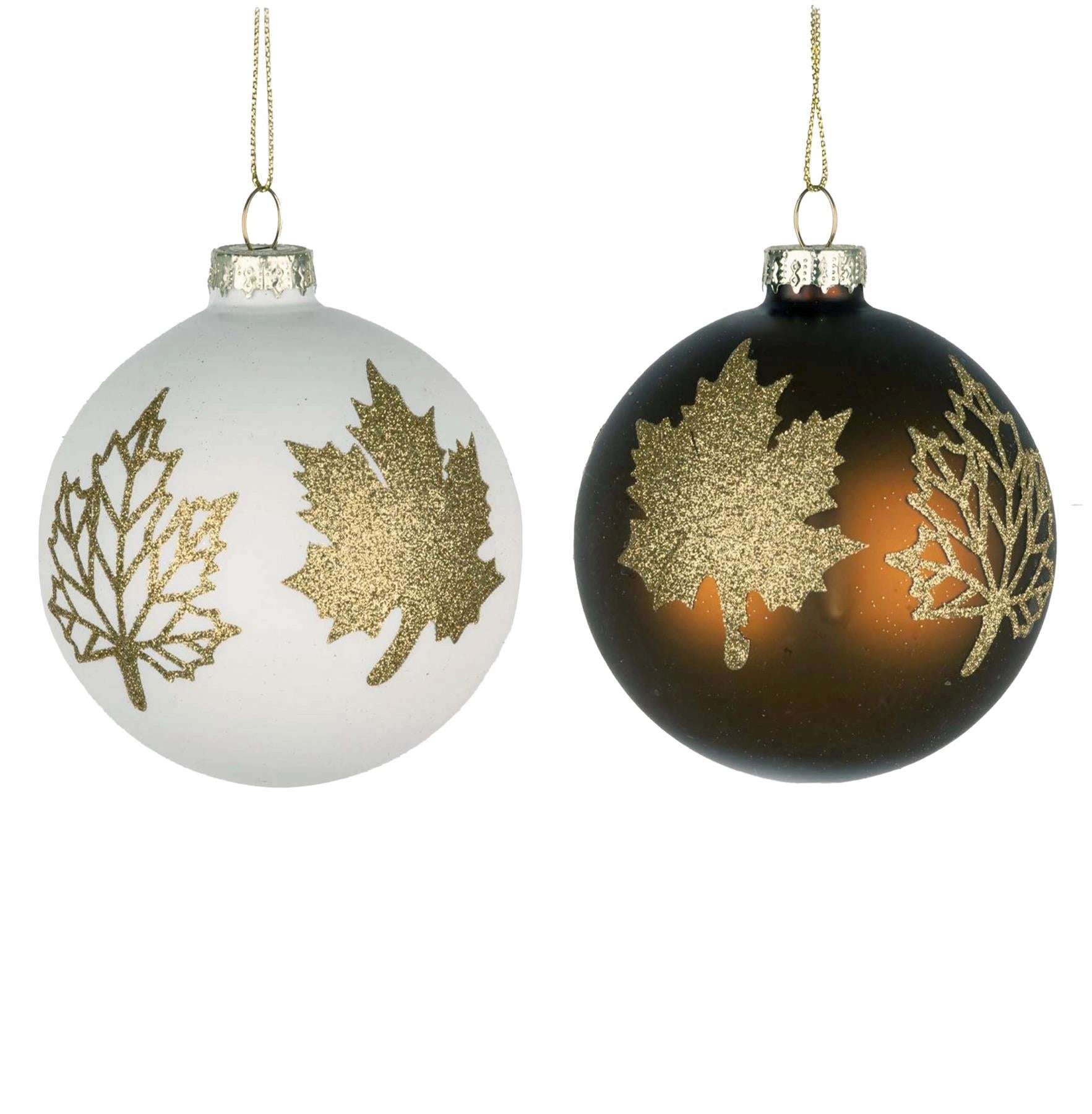 Glass Baubles 12Pcs Set - 2 Assorted Maple Leaves Design 8Cm