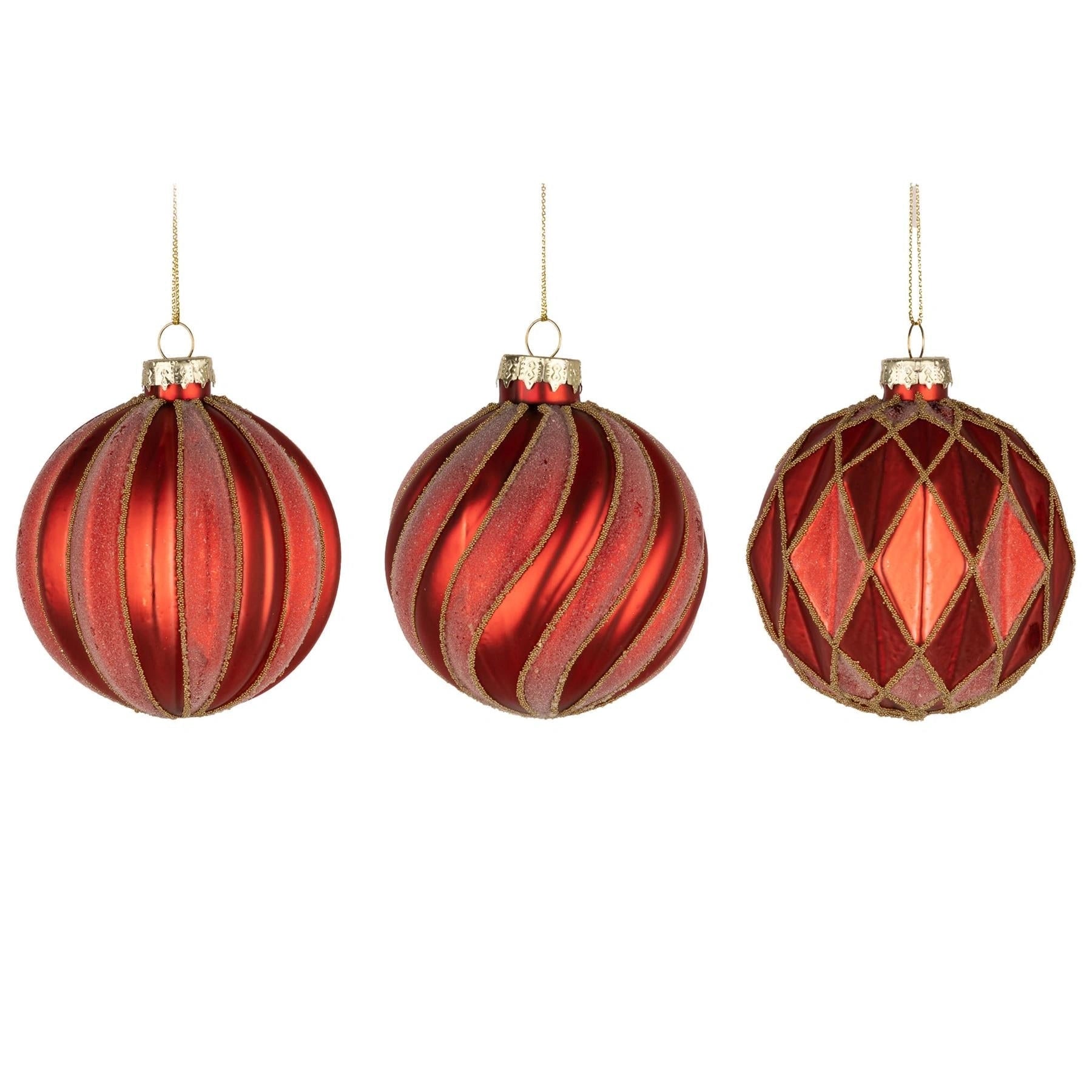 8Cm Glass Baubles 12Pcs Set - Red 3 Assorted Design