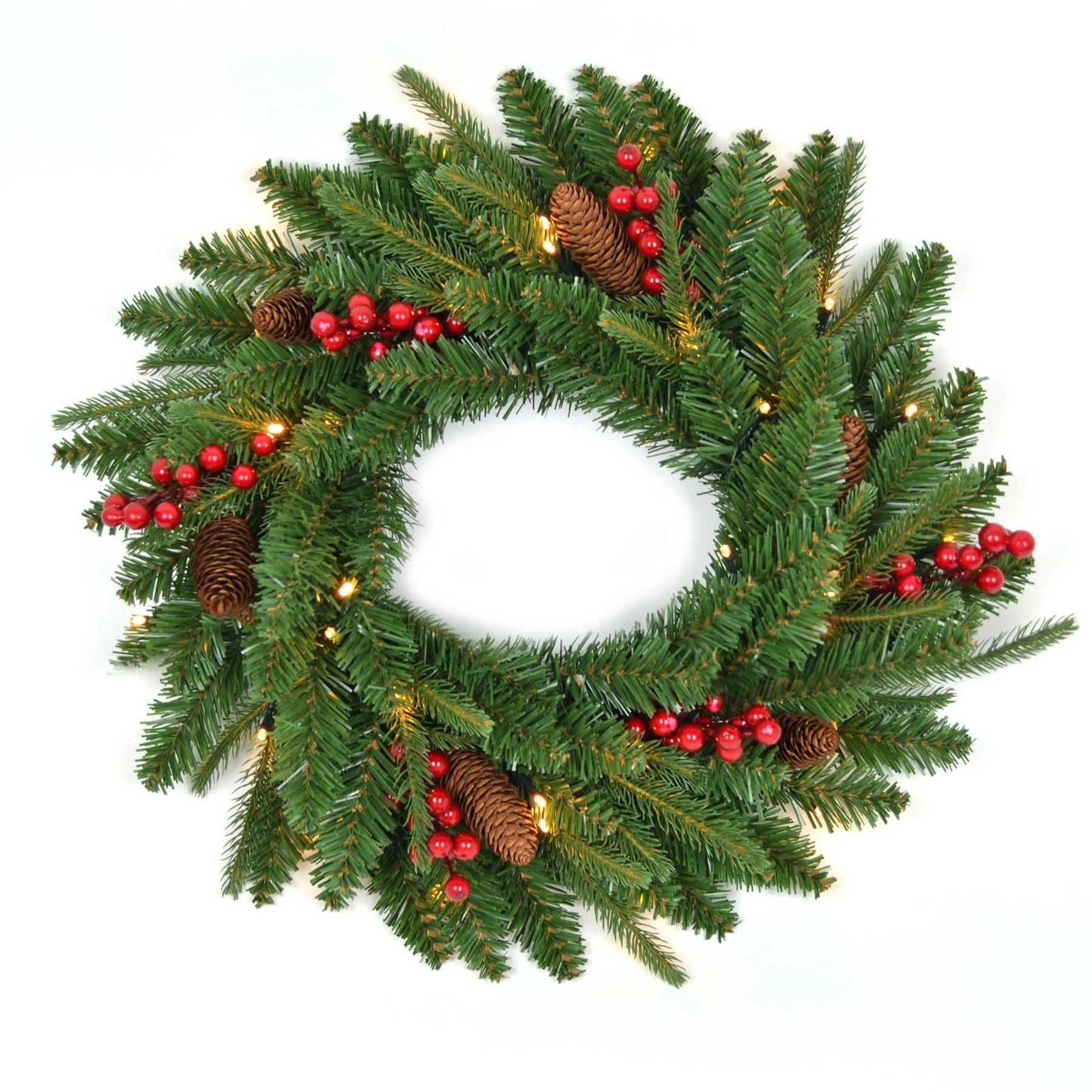 Frono 55Cm Christmas Wreath Pre Lit With Berries Pine Cones Christmas Decorations 11001