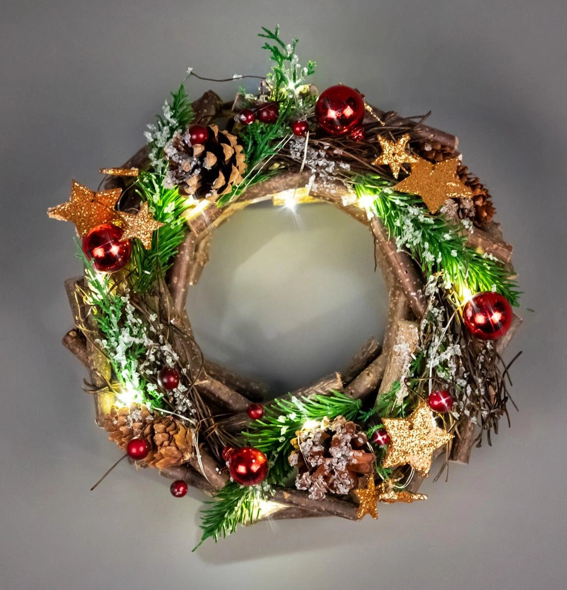 22cm Christmas Wreath Prelit Red Baubles LED Wooden Twig Hanging Xmas Home Decor