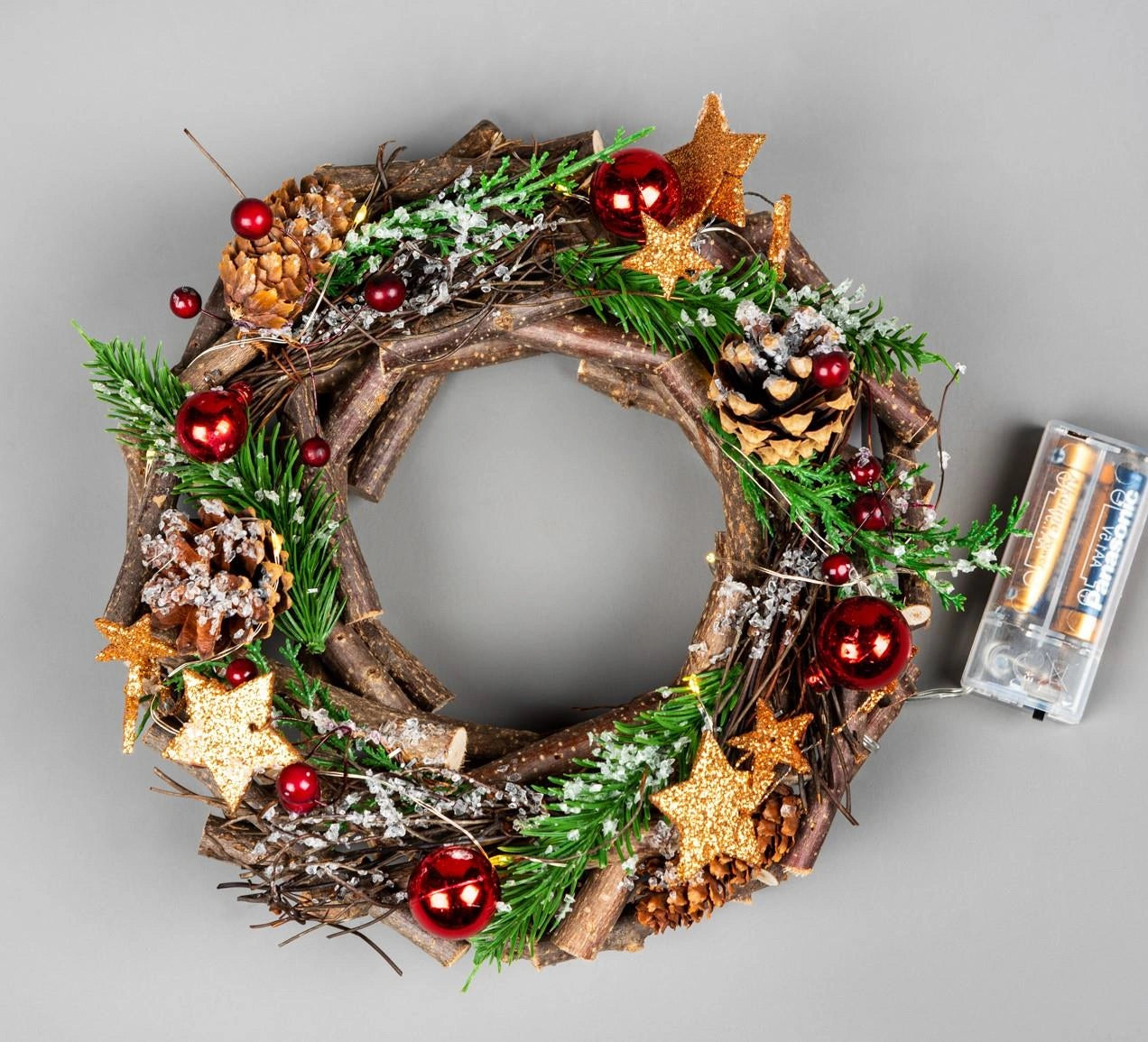 22cm Christmas Wreath Prelit Red Baubles LED Wooden Twig Hanging Xmas Home Decor