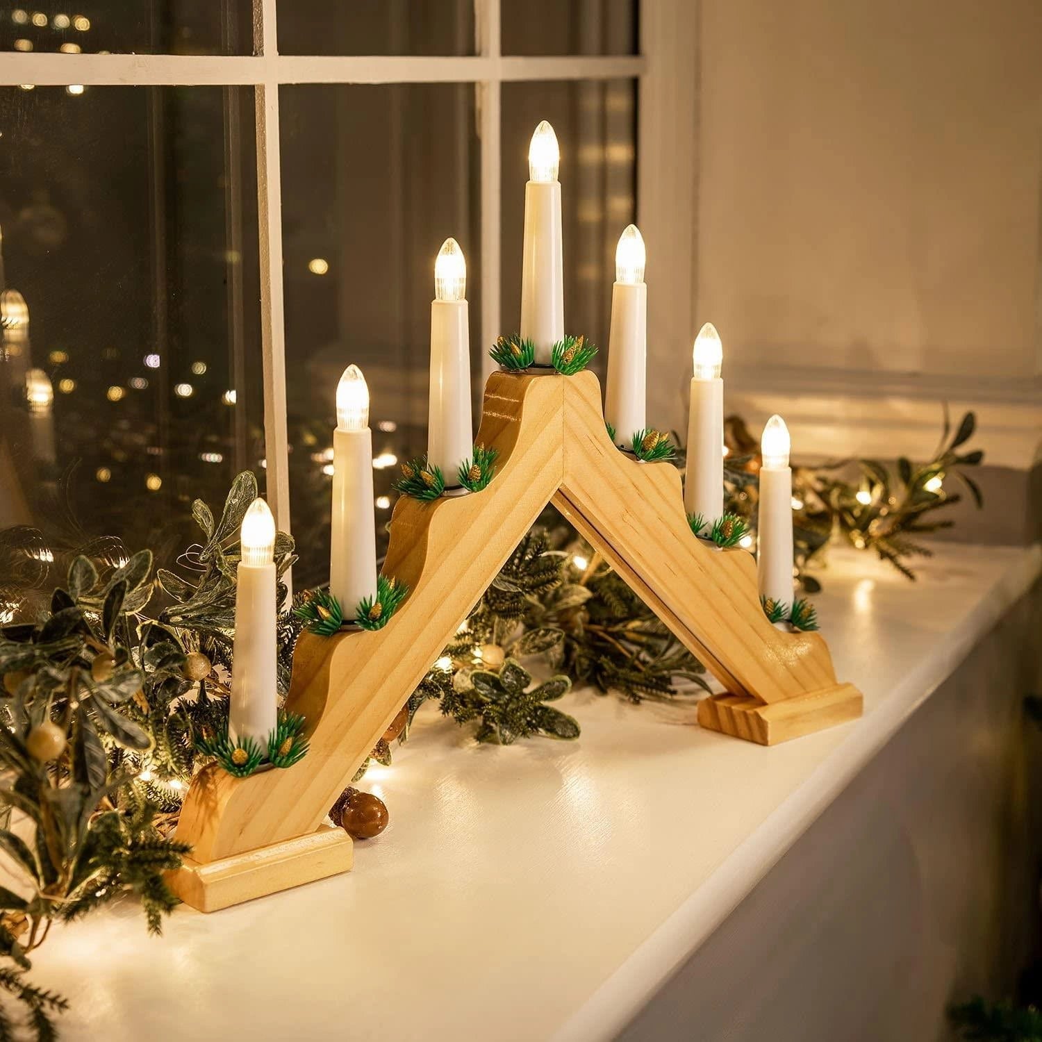 Wooden Candle Bridge Light 7 Bulb Window Xmas Christmas Decoration Arch D�Cor