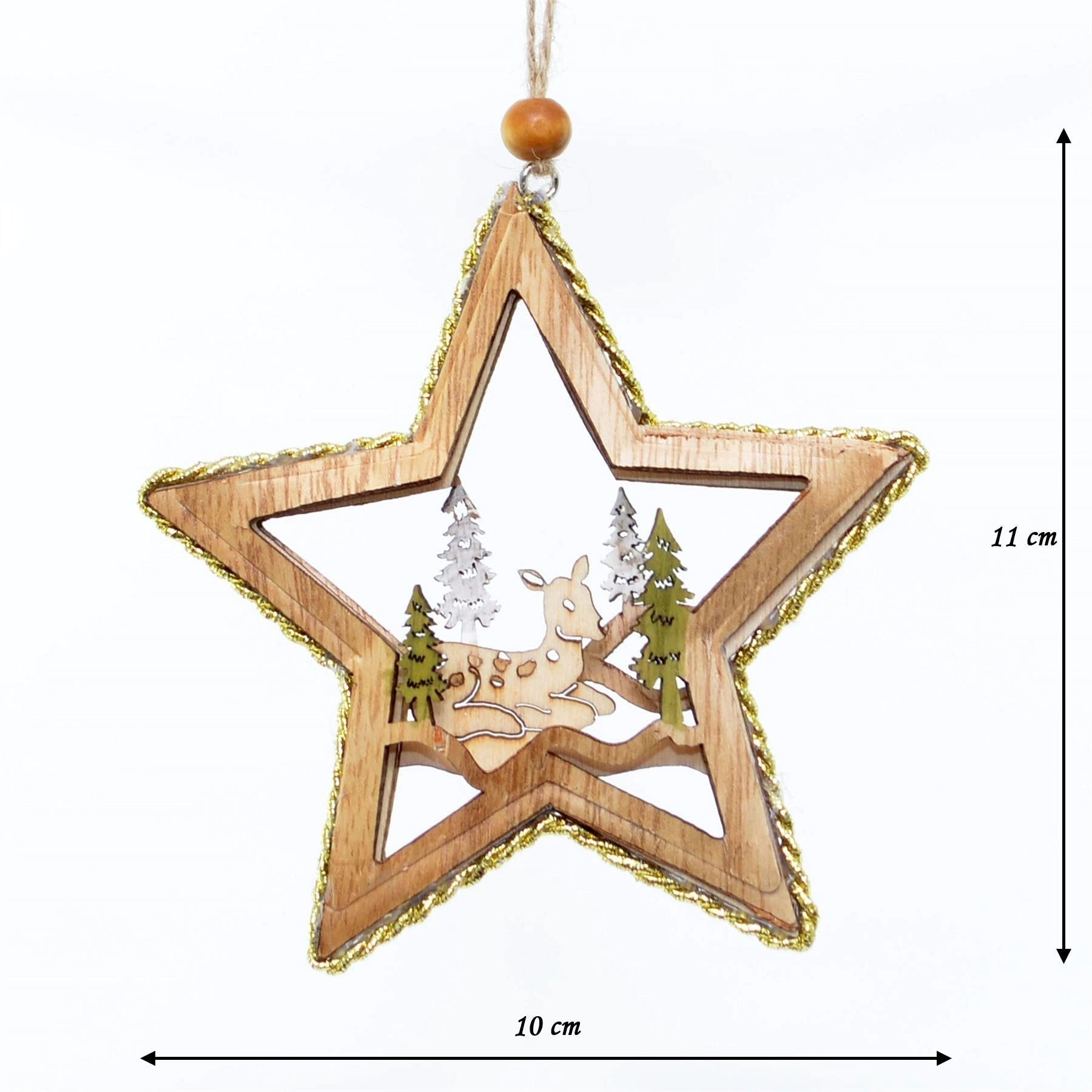 Christmas Hanging Ornament 11cm Lying Deer Wooden Star Home Xmas Tree Decoration