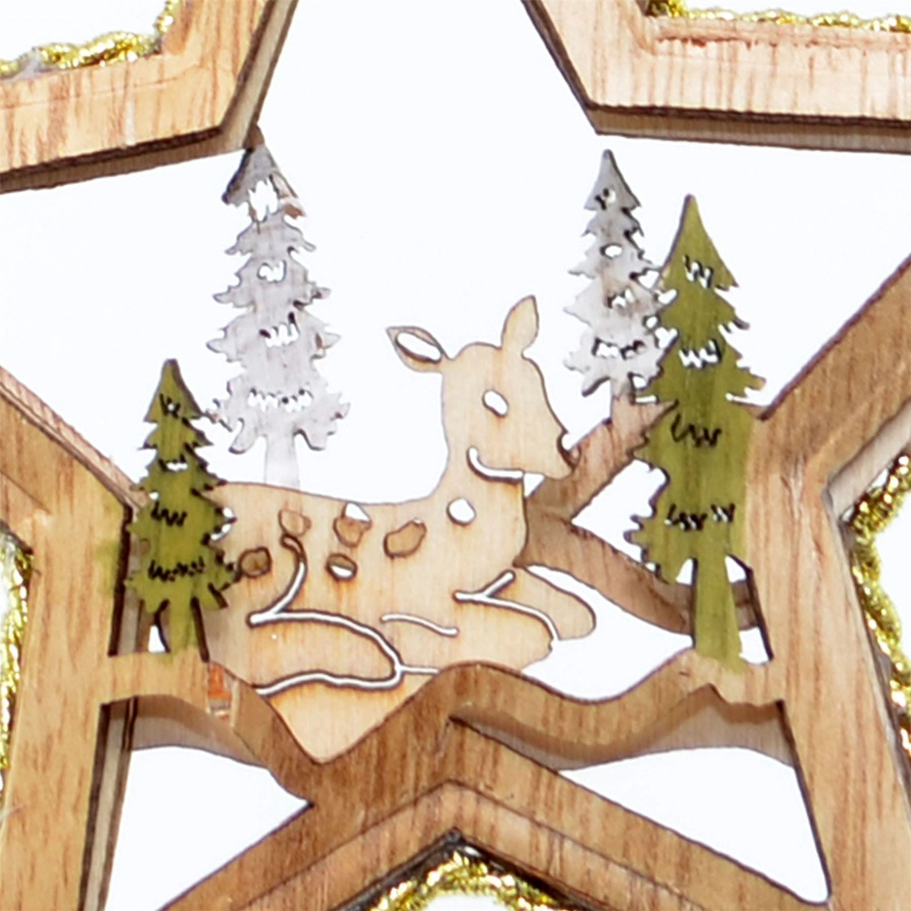 Christmas Hanging Ornament 11cm Lying Deer Wooden Star Home Xmas Tree Decoration