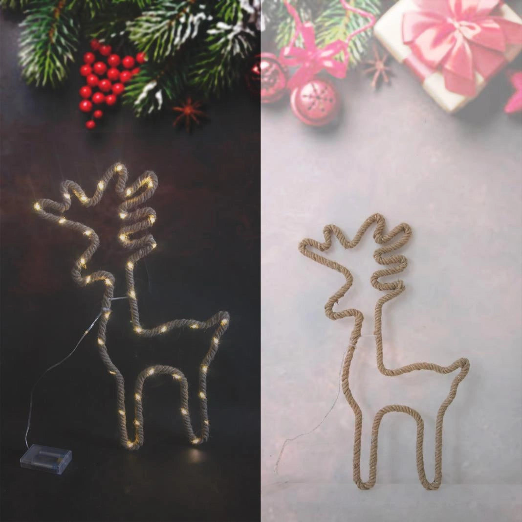 Christmas Silhouette Rope Lights Reindeer LED Hemp Jute Retro Wall Decorations