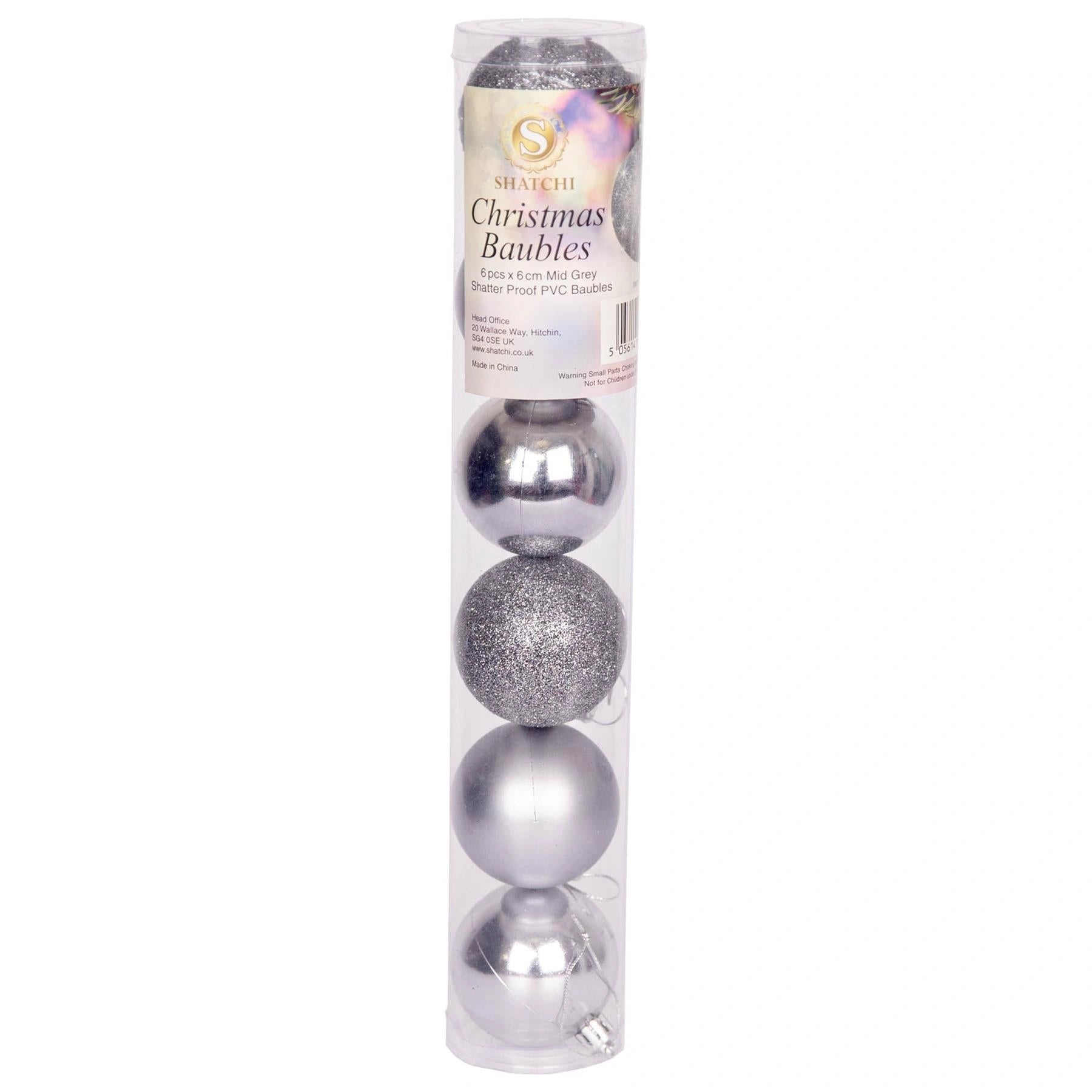 6x Mid Grey Baubles X'Mas Shatterproof Glitter Matte Shiny 6cm Festive Decor UK