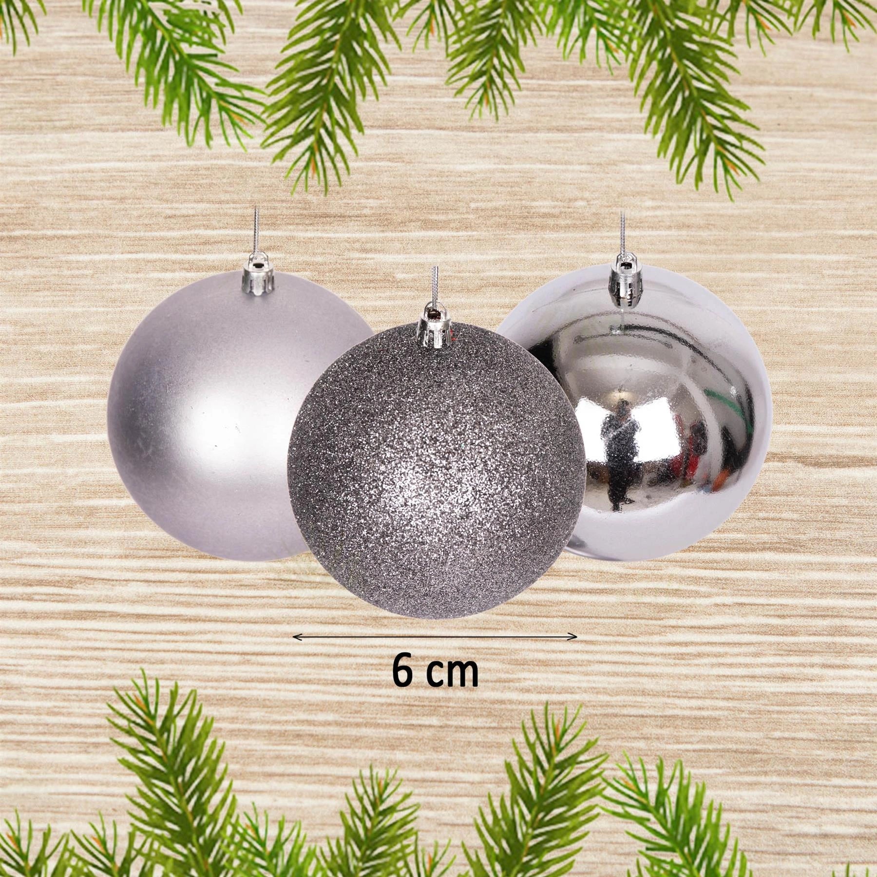 6x Mid Grey Baubles X'Mas Shatterproof Glitter Matte Shiny 6cm Festive Decor UK