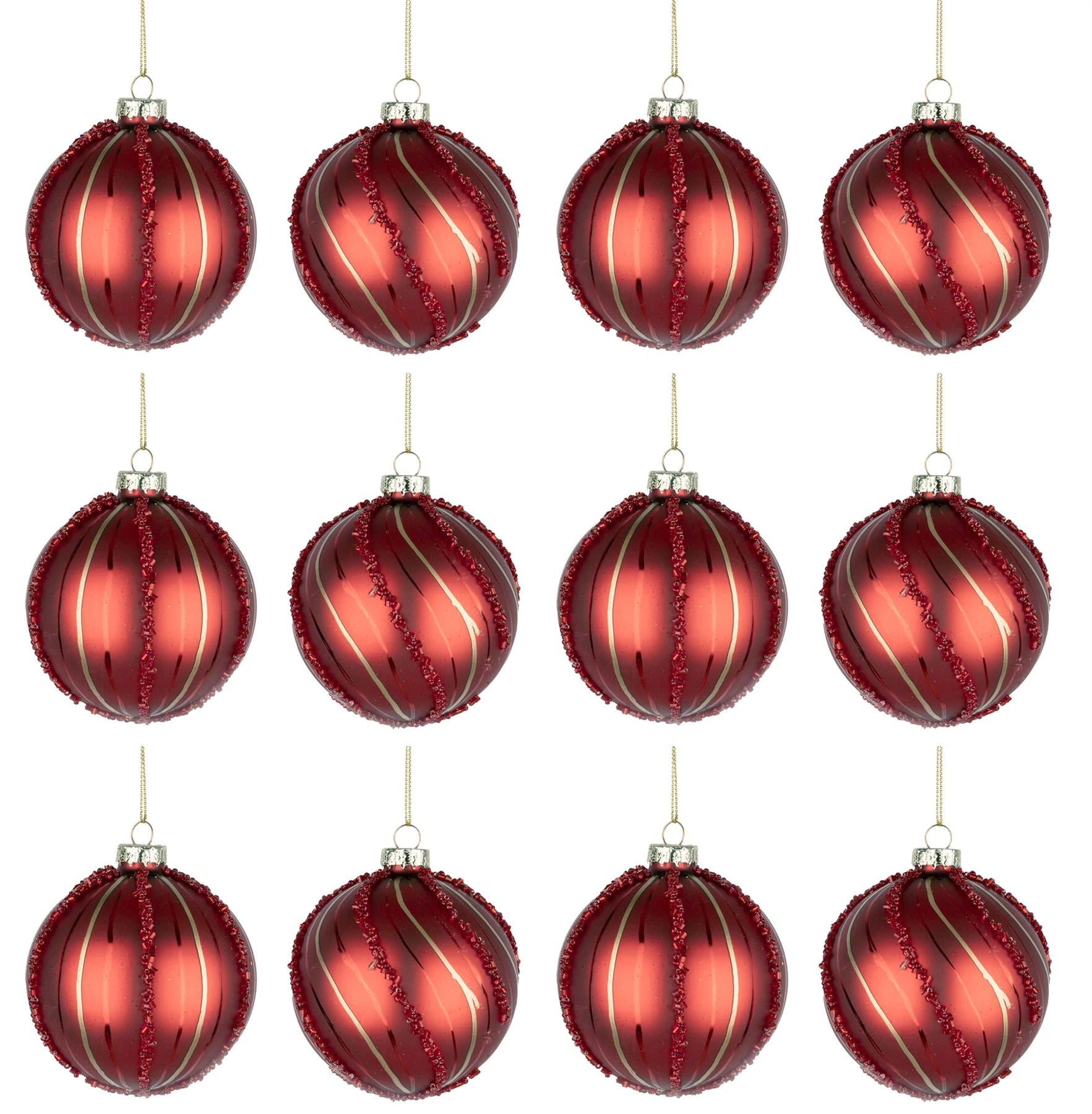 Glass Baubles 12Pcs Set - Red 2 Assorted Design 8Cm