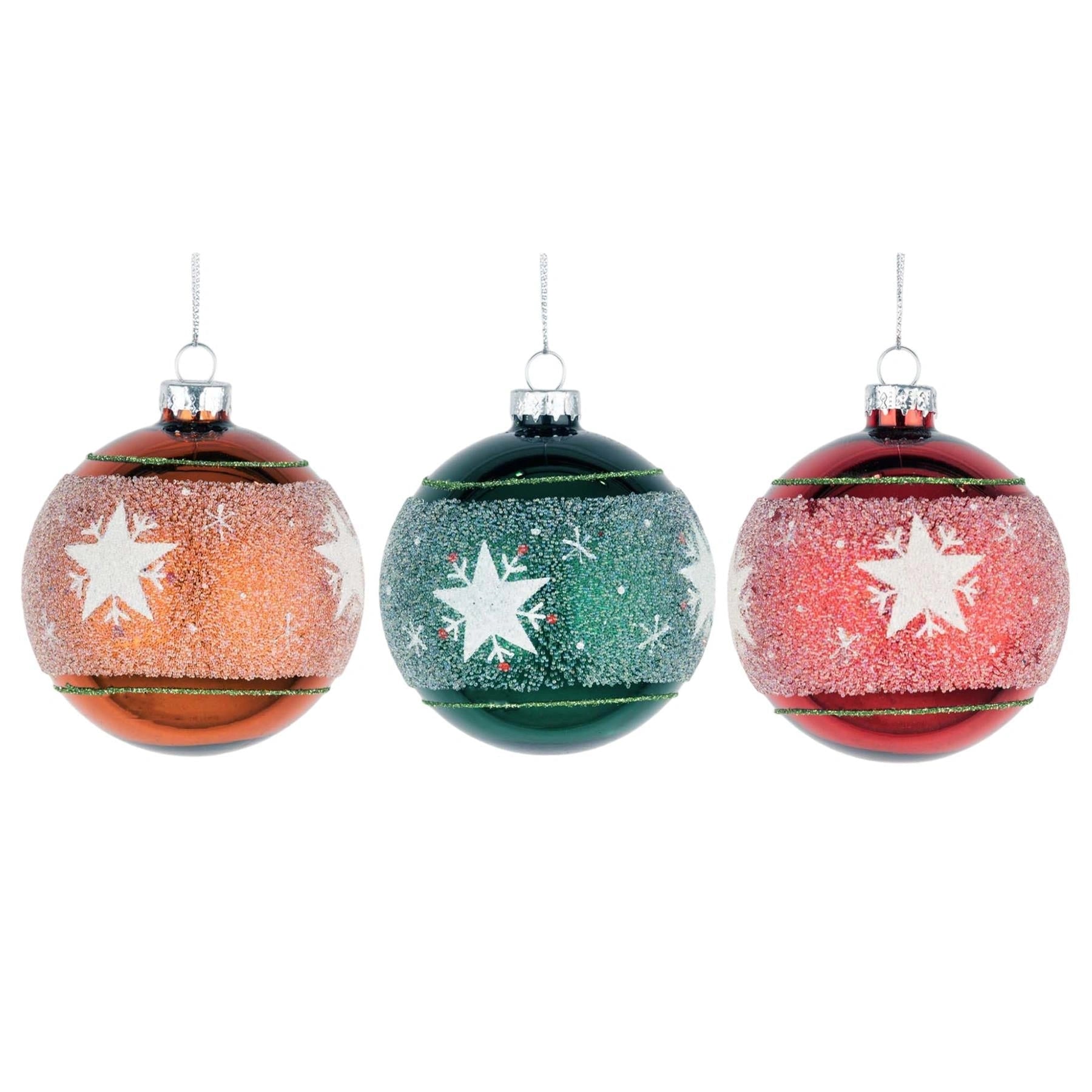 Glass Baubles 12Pcs Set - Orange,Green,Red 3 Assorted Design 8Cm