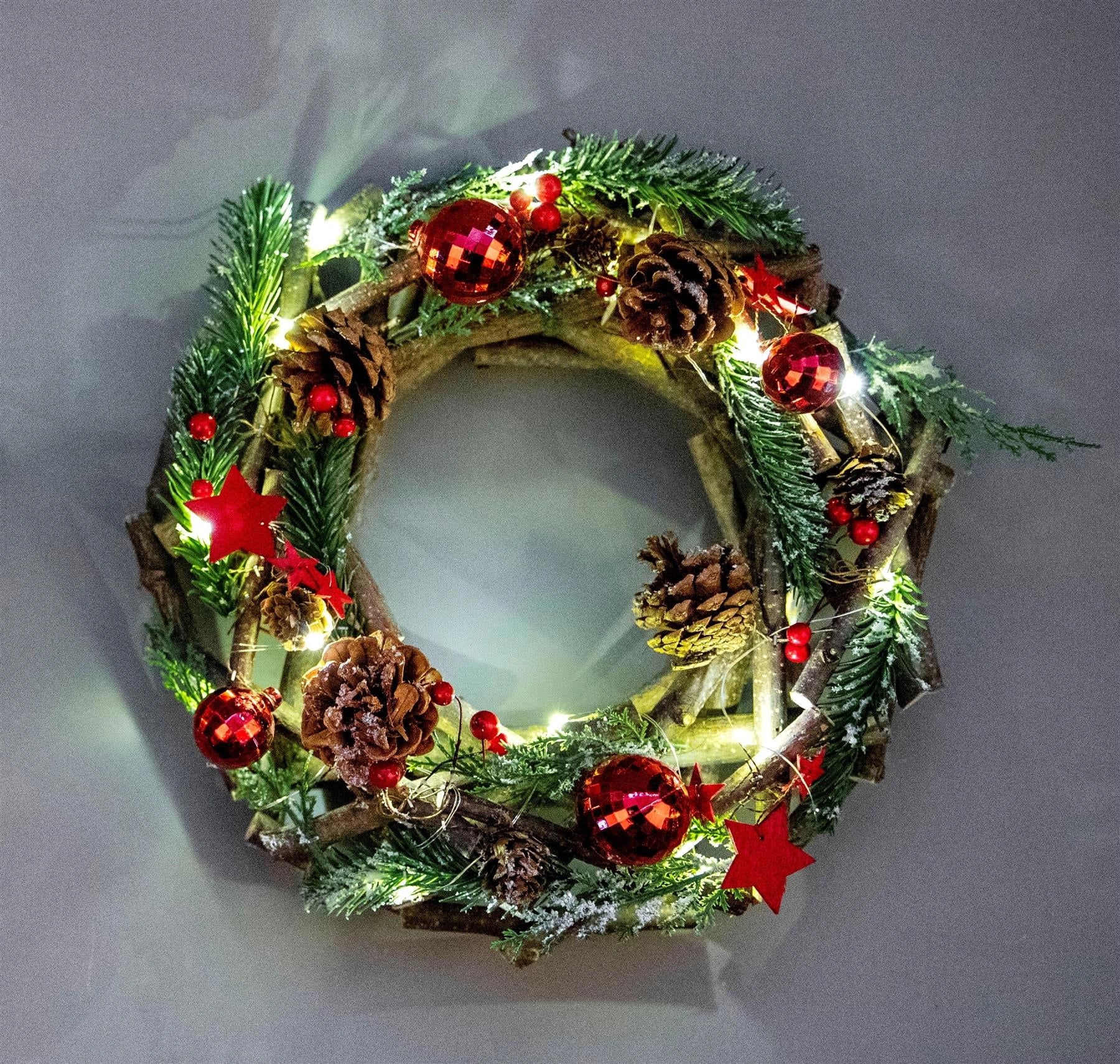 22cm Christmas Wreath Prelit Red Baubles LED Wooden Twig Hanging Xmas Home Decor
