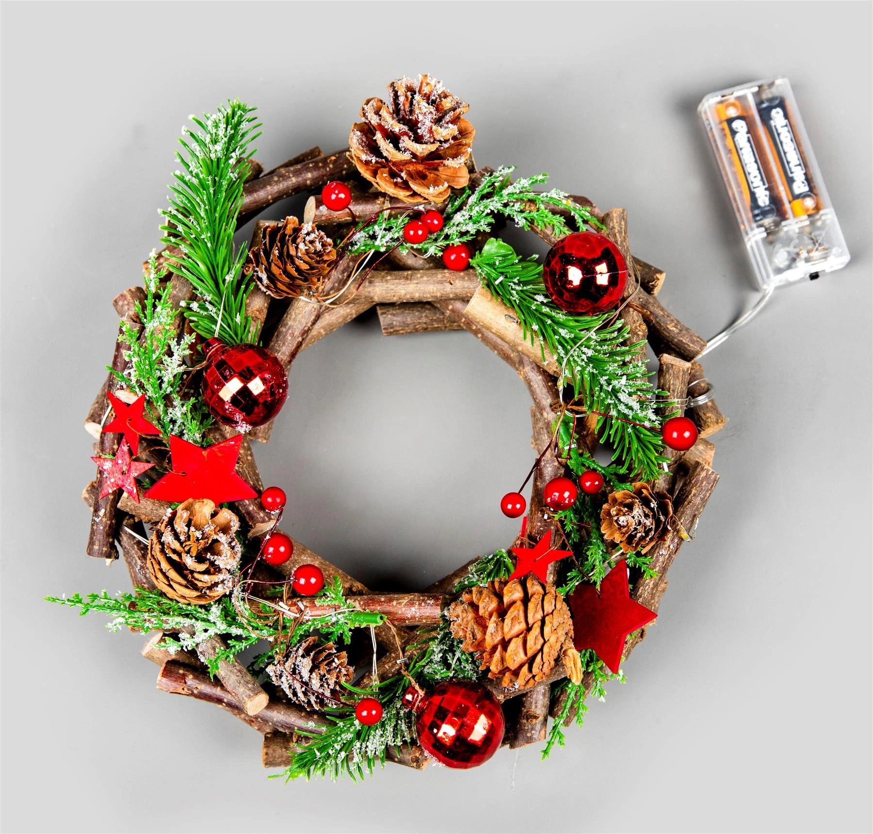 22cm Christmas Wreath Prelit Red Baubles LED Wooden Twig Hanging Xmas Home Decor