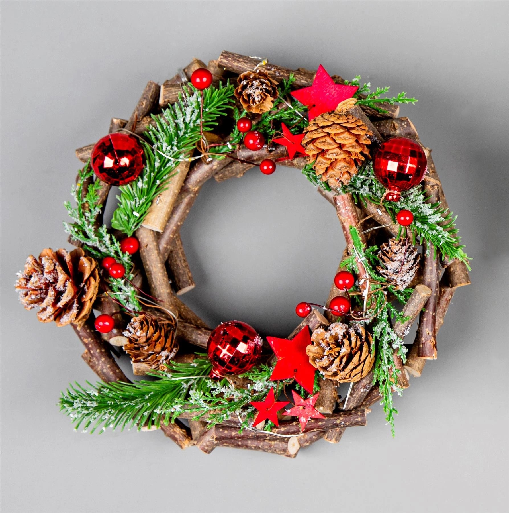 22cm Christmas Wreath Prelit Red Baubles LED Wooden Twig Hanging Xmas Home Decor
