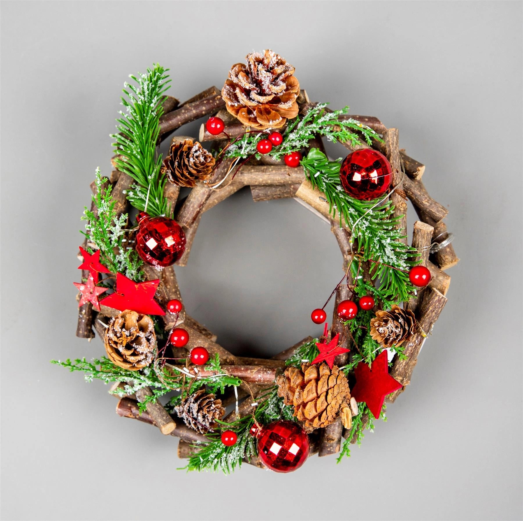 22cm Christmas Wreath Prelit Red Baubles LED Wooden Twig Hanging Xmas Home Decor