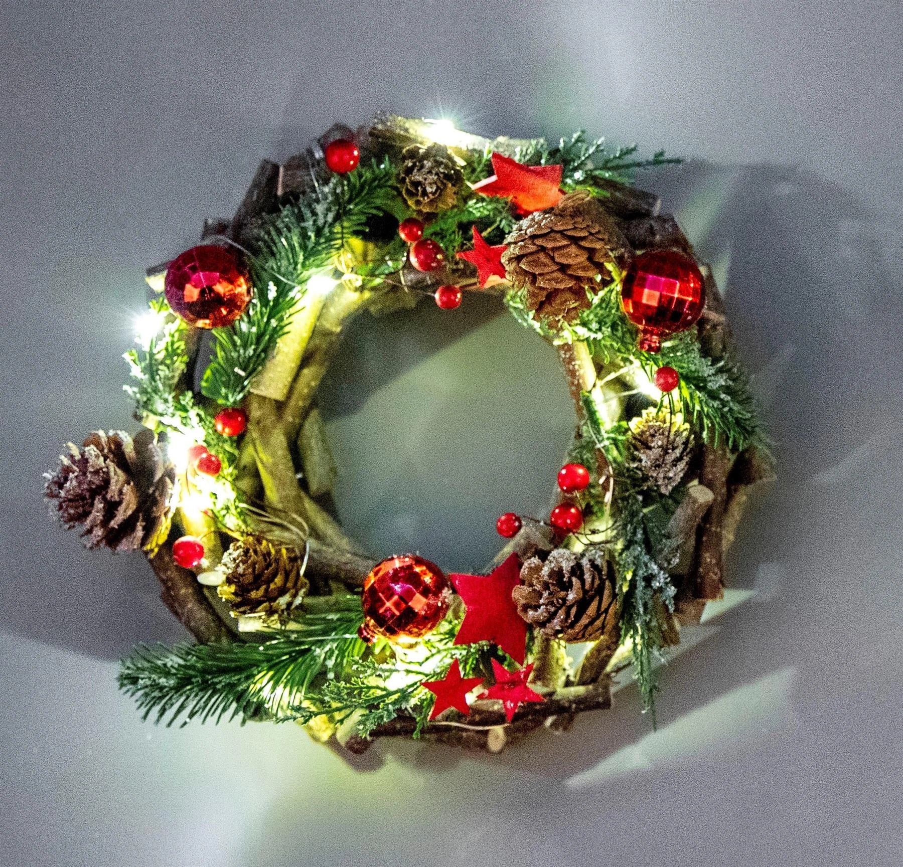 22cm Christmas Wreath Prelit Red Baubles LED Wooden Twig Hanging Xmas Home Decor