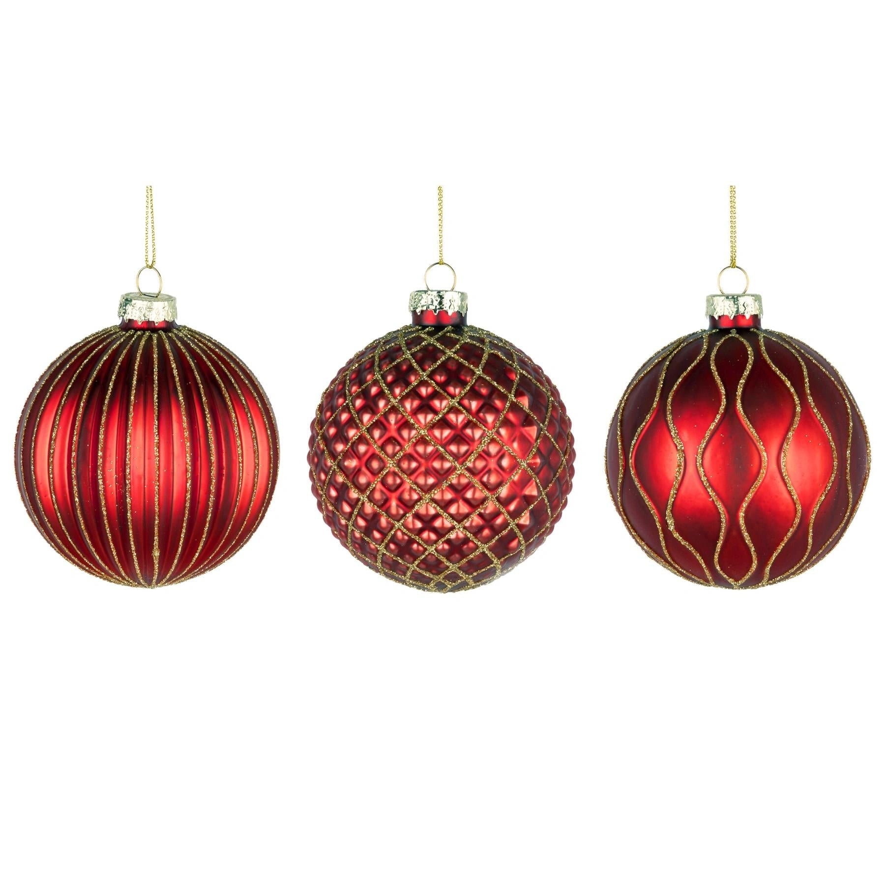 Glass Baubles 12Pcs Set - Red 3 Assorted Design 8Cm