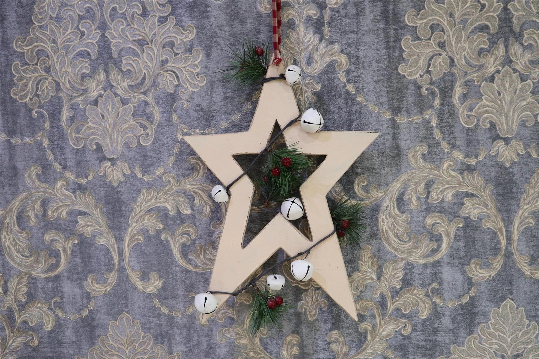 Wooden Cream Star Unique Design Christmas Wall Decorations Xmas Home Showpiece