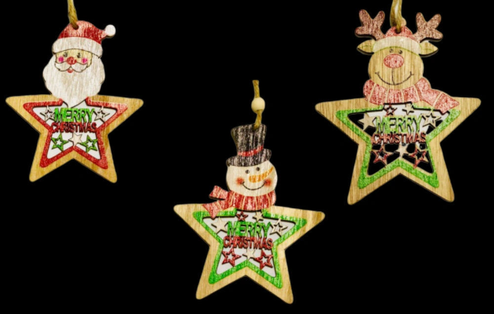 3 Pcs Wooden Christmas Tree Hanging String Decorations Ornament Star Shape Craft
