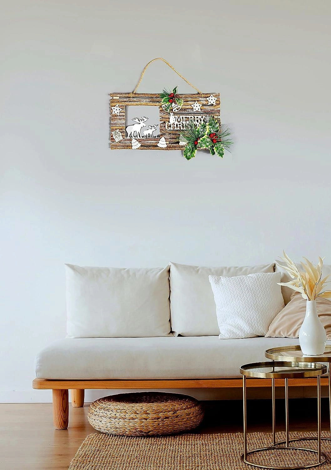 Merry Christmas Wooden Twig Frame 40cm Reindeer Door Wall Xmas Hanging Decor