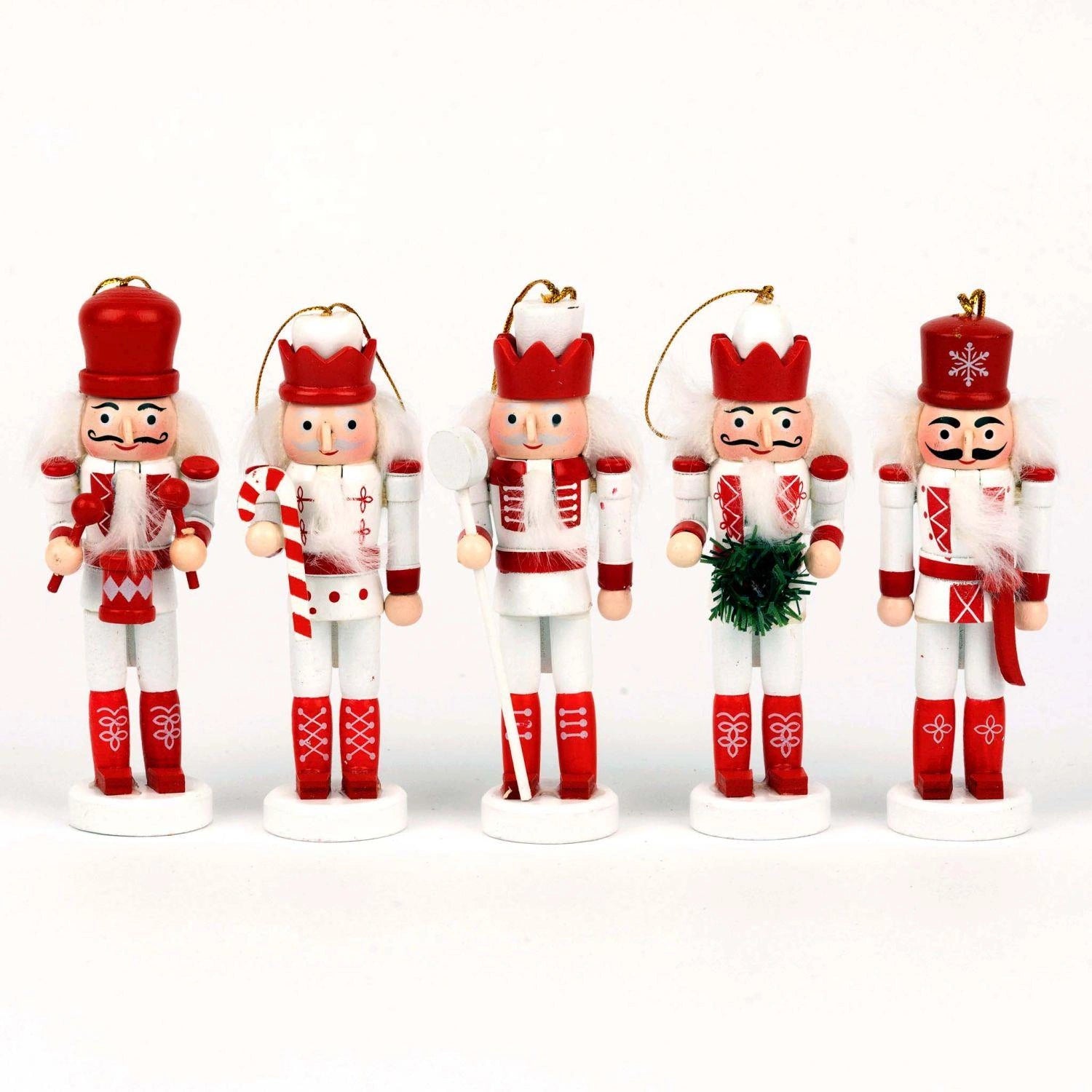 13cm Christmas Wooden Nutcrackers Ornament Figures Xmas 5Pcs Set Red White UK