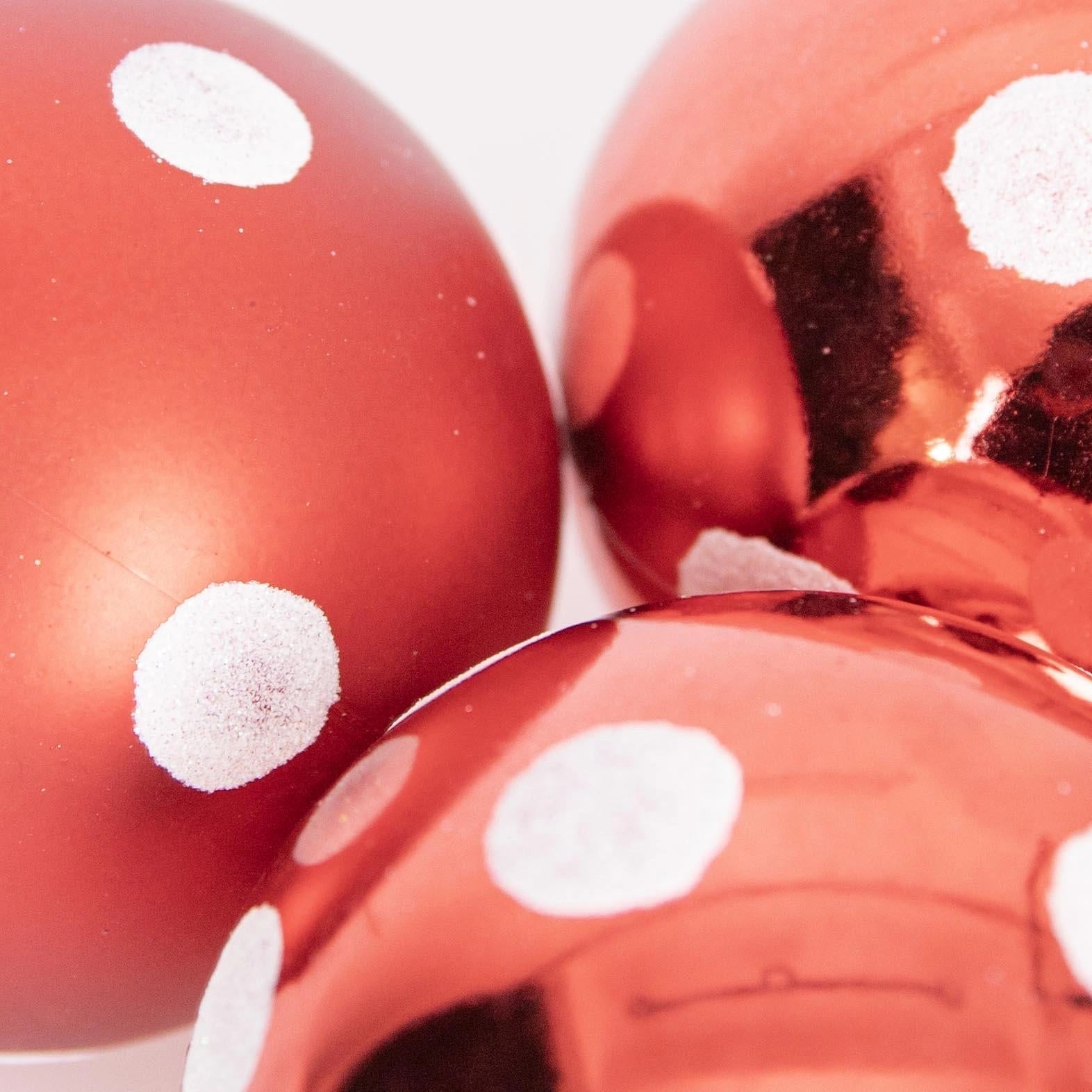 3 Red & White Polka Dots Christmas Baubles Glitter Matte Shiny Finish 10cm Decor