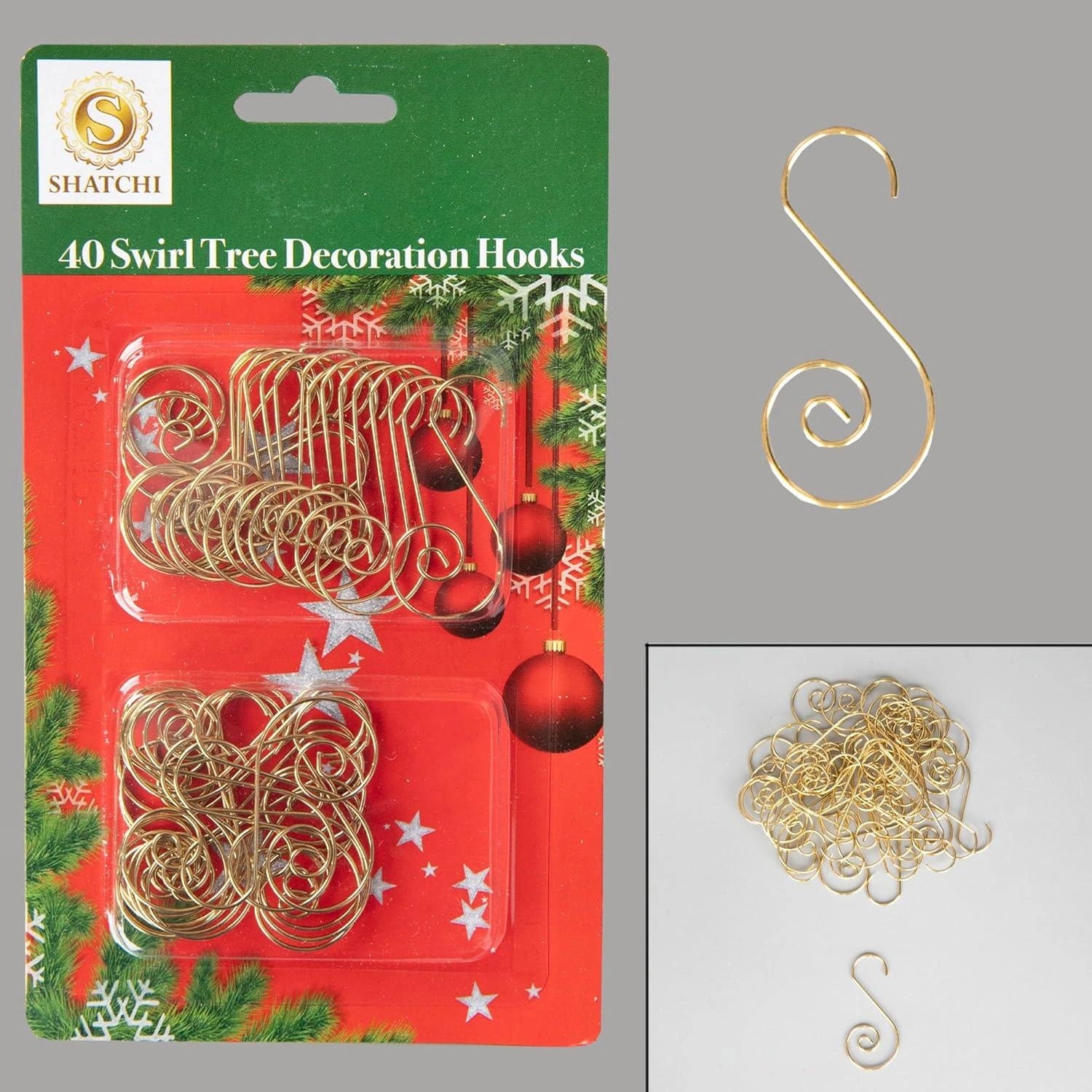 Christmas Ornament Swirl Hook Golden Xmas Tree Bauble String Light Hanger 40pcs