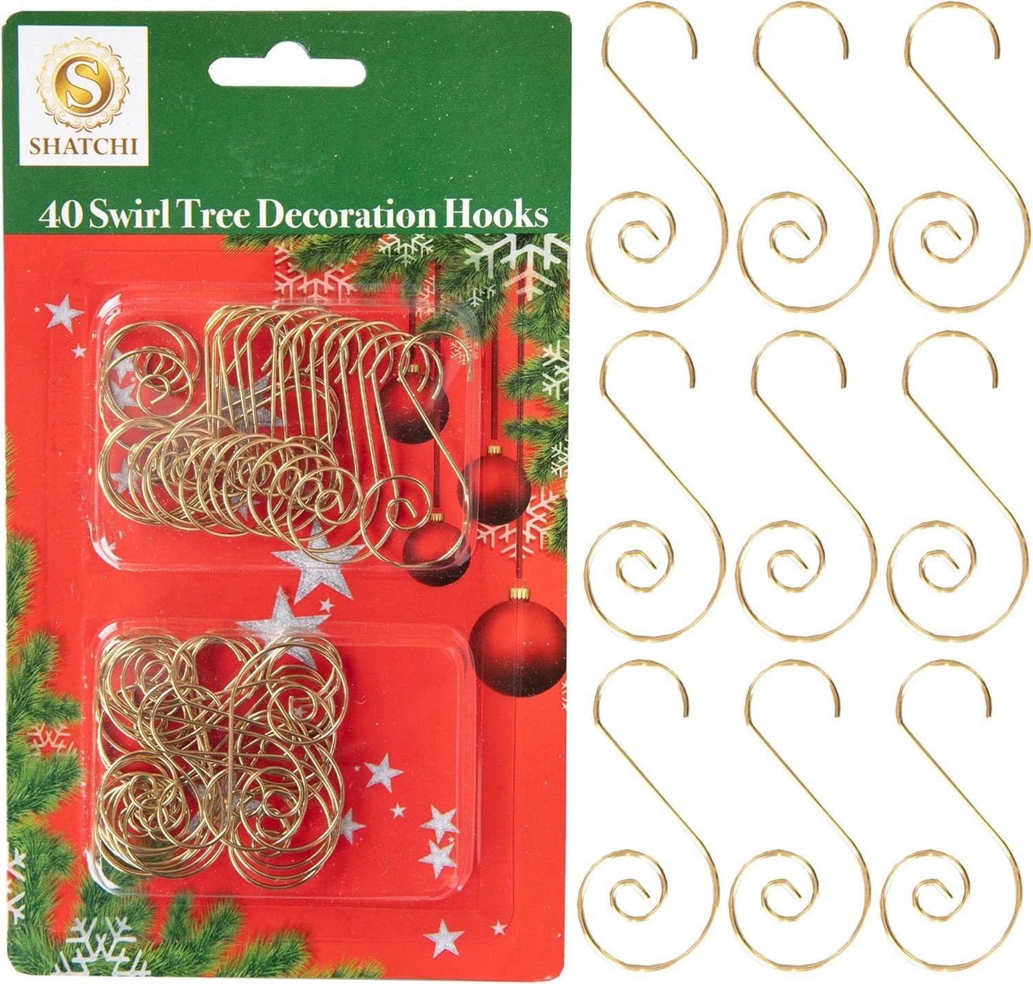 Christmas Ornament Swirl Hook Golden Xmas Tree Bauble String Light Hanger 40pcs