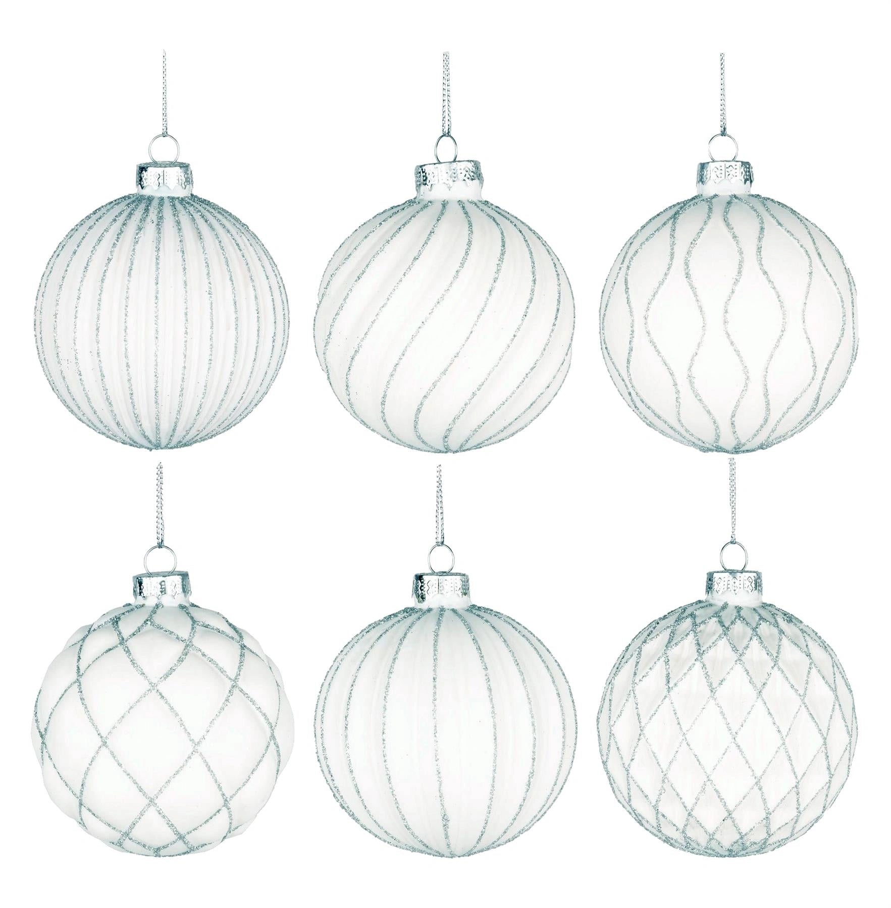 Glass Baubles 12Pcs Set - White 6 Assorted Design 8Cm