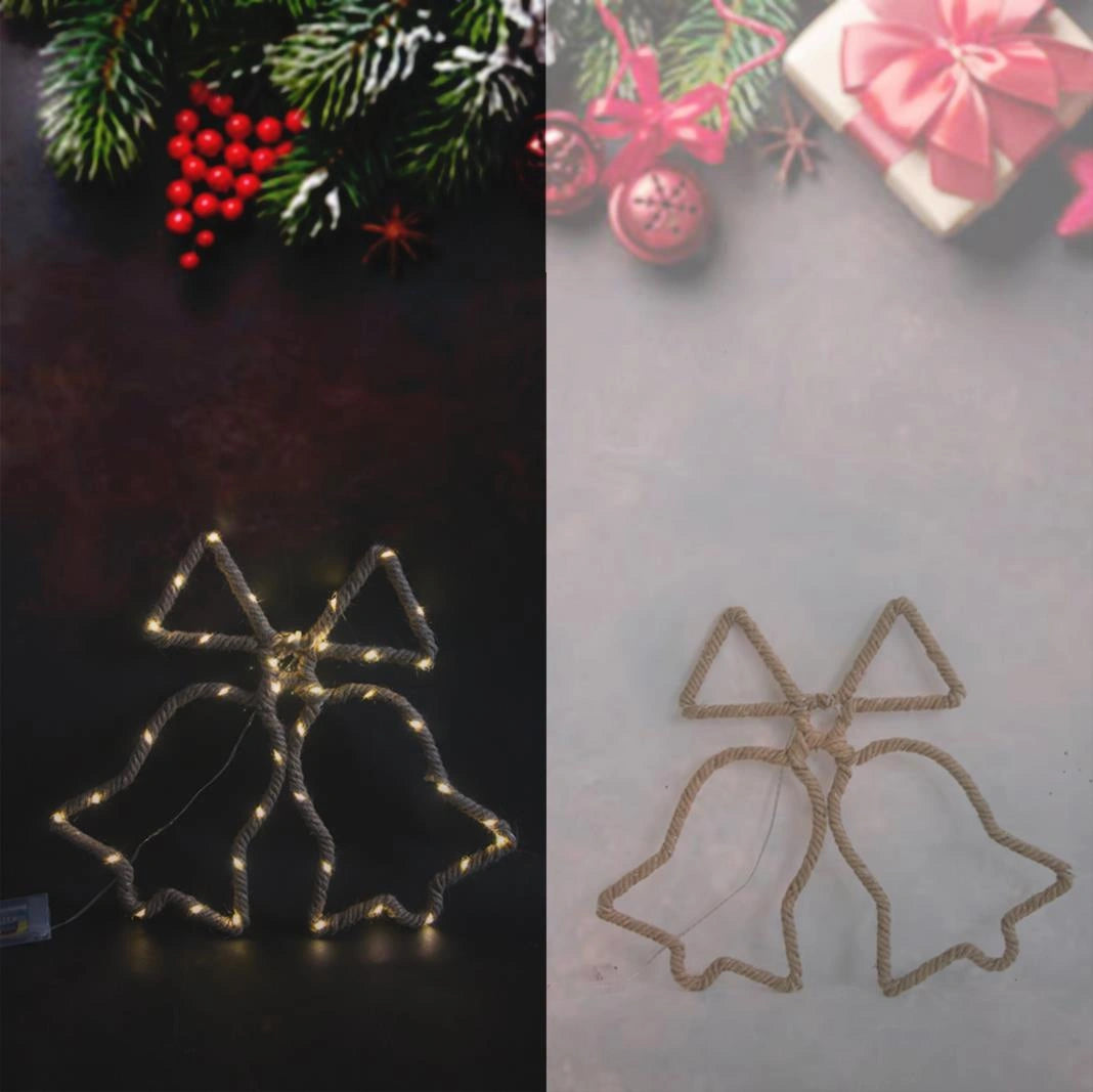 Christmas Silhouette Rope Lights Bells Shape LED Hemp Jute Retro Wall Decoration