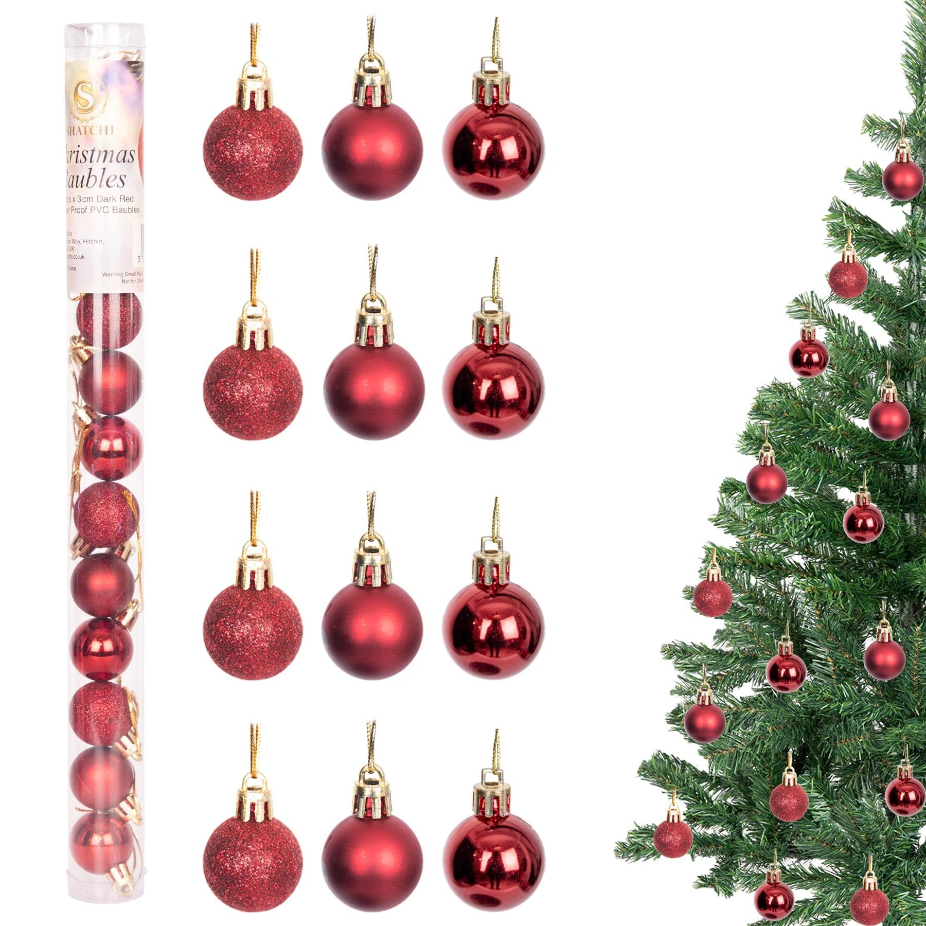 12 Dark Red Christmas Baubles Glitter Finish 3cm Shatterproof Festive Decoration