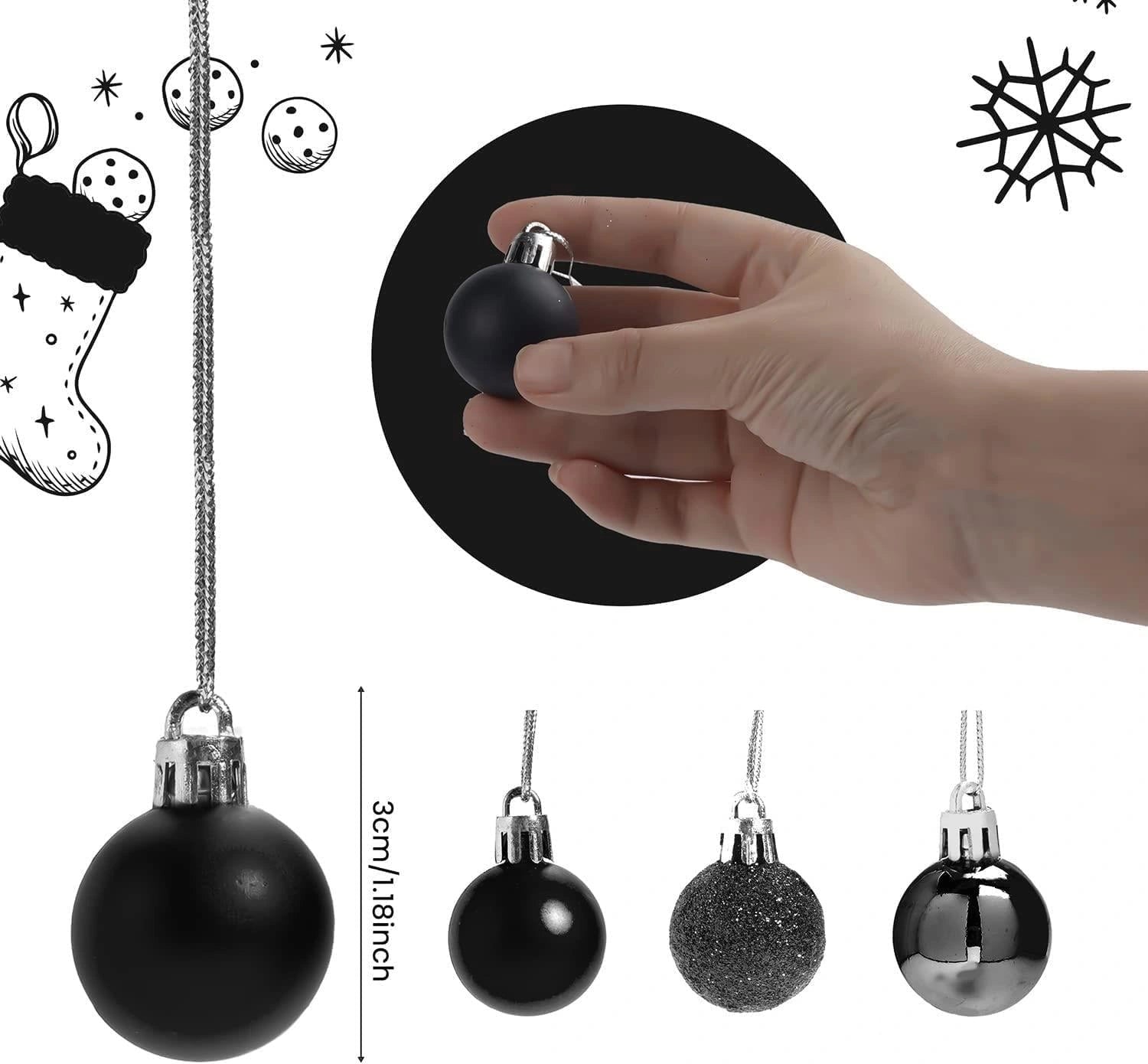 12pcs Christmas Baubles Tree Ornaments Black Balls Xmas Hanging Decorations 30mm