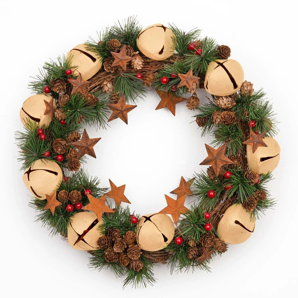Jingle Bell Wreath With Cream Bells Stars Pinecones And Red Berries 40Cm