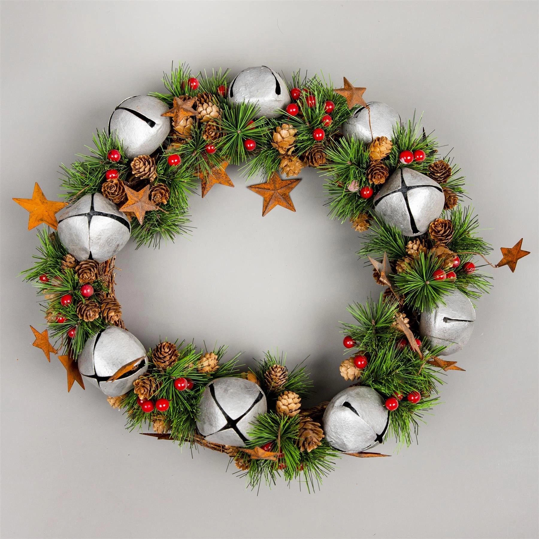 40CM Christmas Wreath Silver Bell Star Cone Berry Outdoor Xmas Home Office Décor