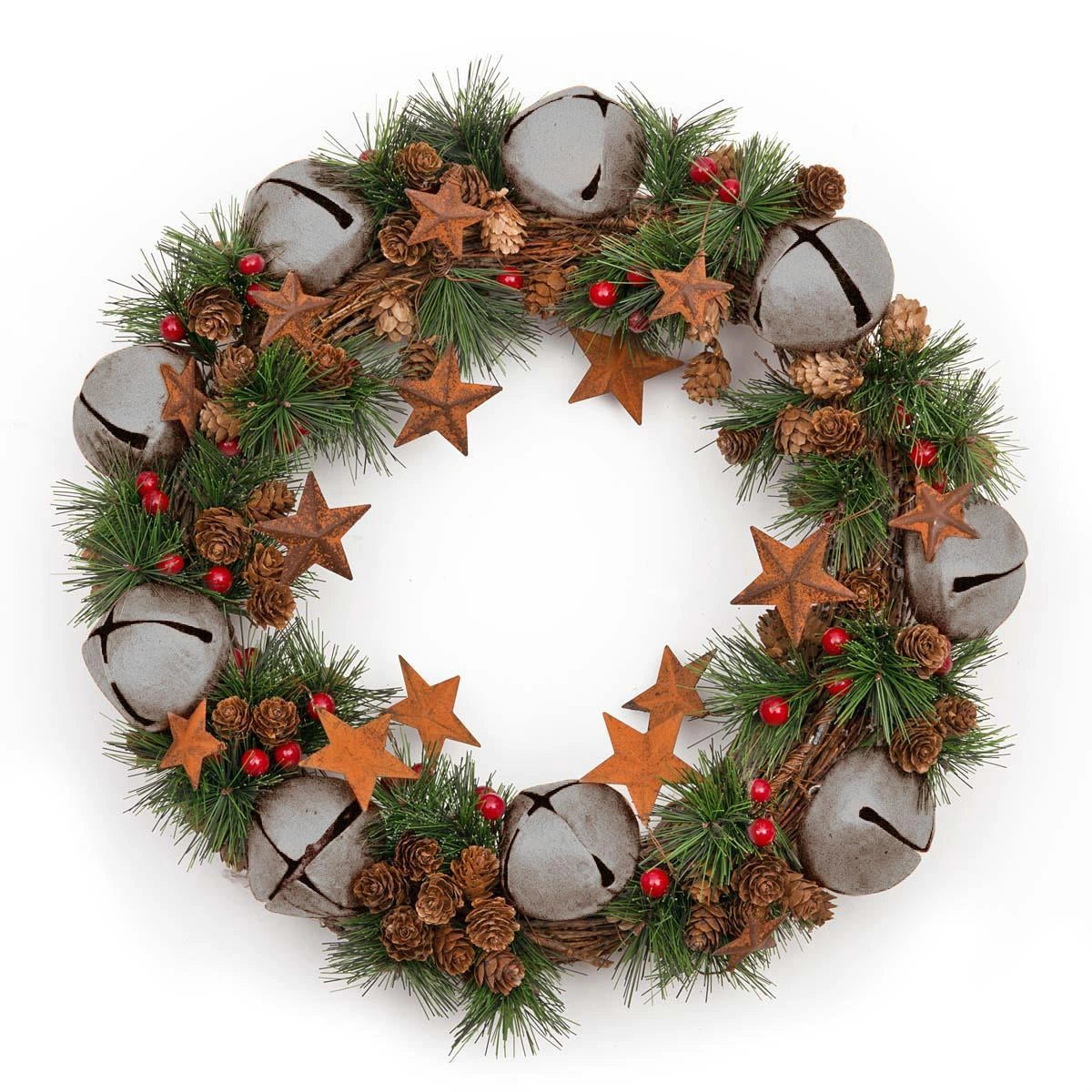 Jingle Bell Wreath With Silver Bells Stars Pinecones And Red Berries 40Cm
