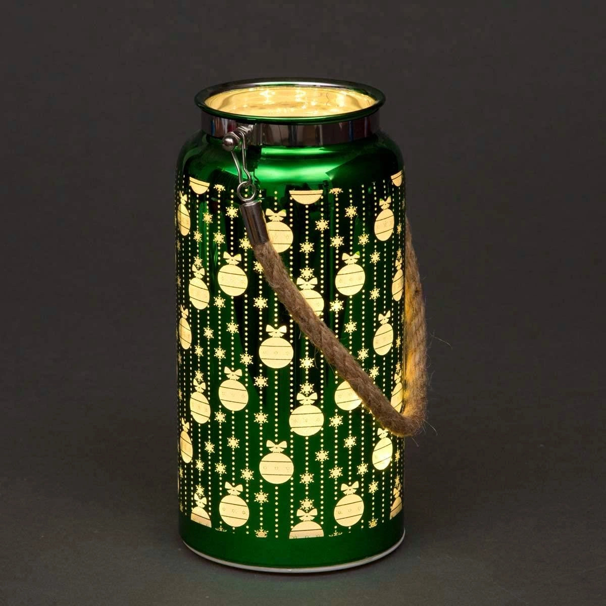 Christmas Decorated Jar Table Baubles Design Green Lantern 20Cm