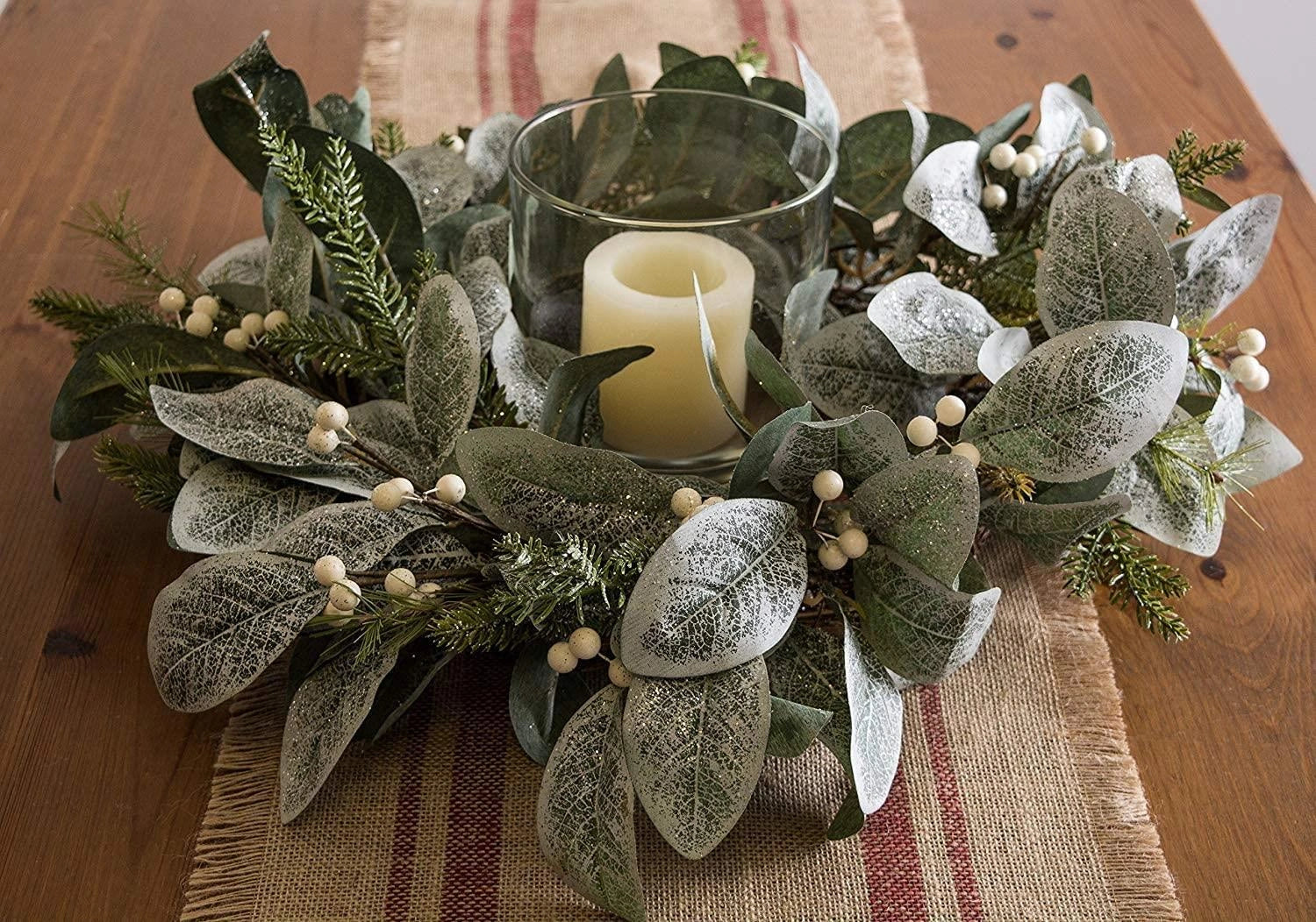 Pre Lit Christmas Wreaths Snowy Leaves Hanging Wall Door Xmas Home Decor 55cm