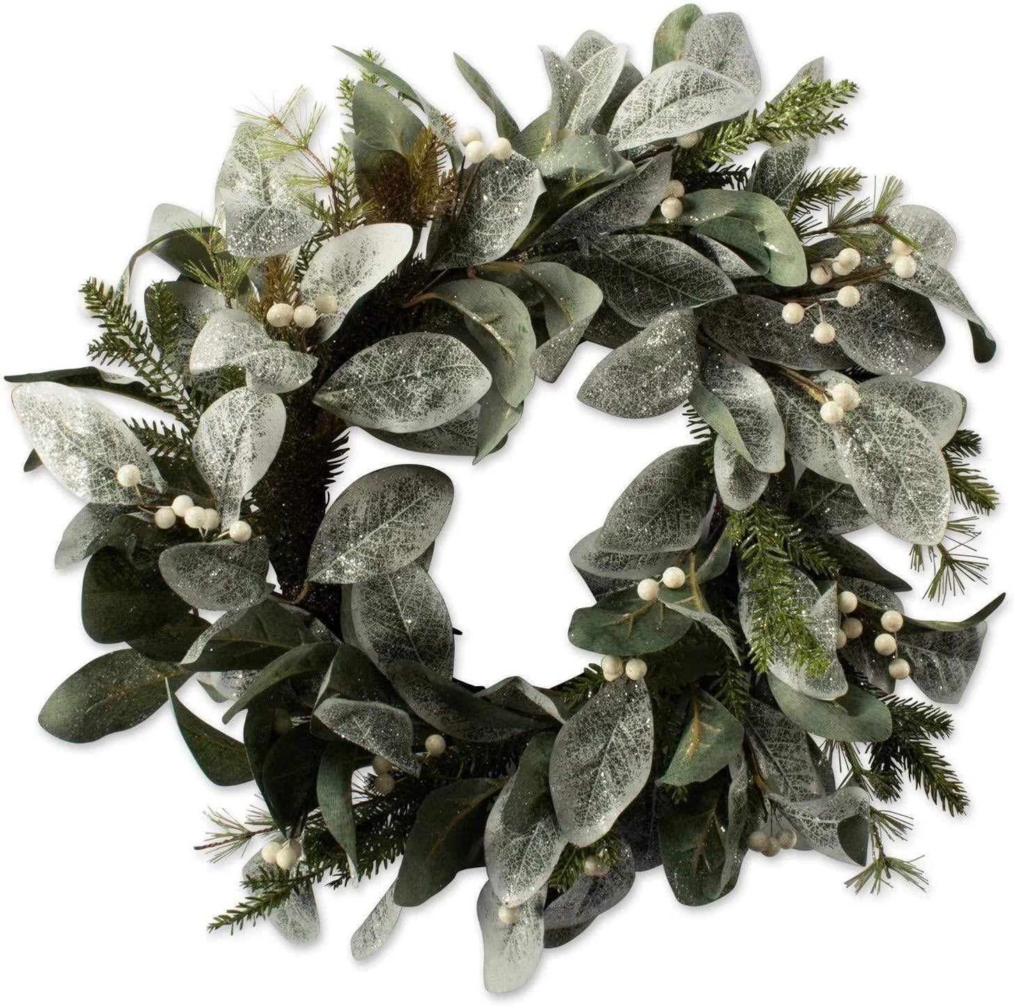 Pre Lit Christmas Wreaths Snowy Leaves Hanging Wall Door Xmas Home Decor 55cm