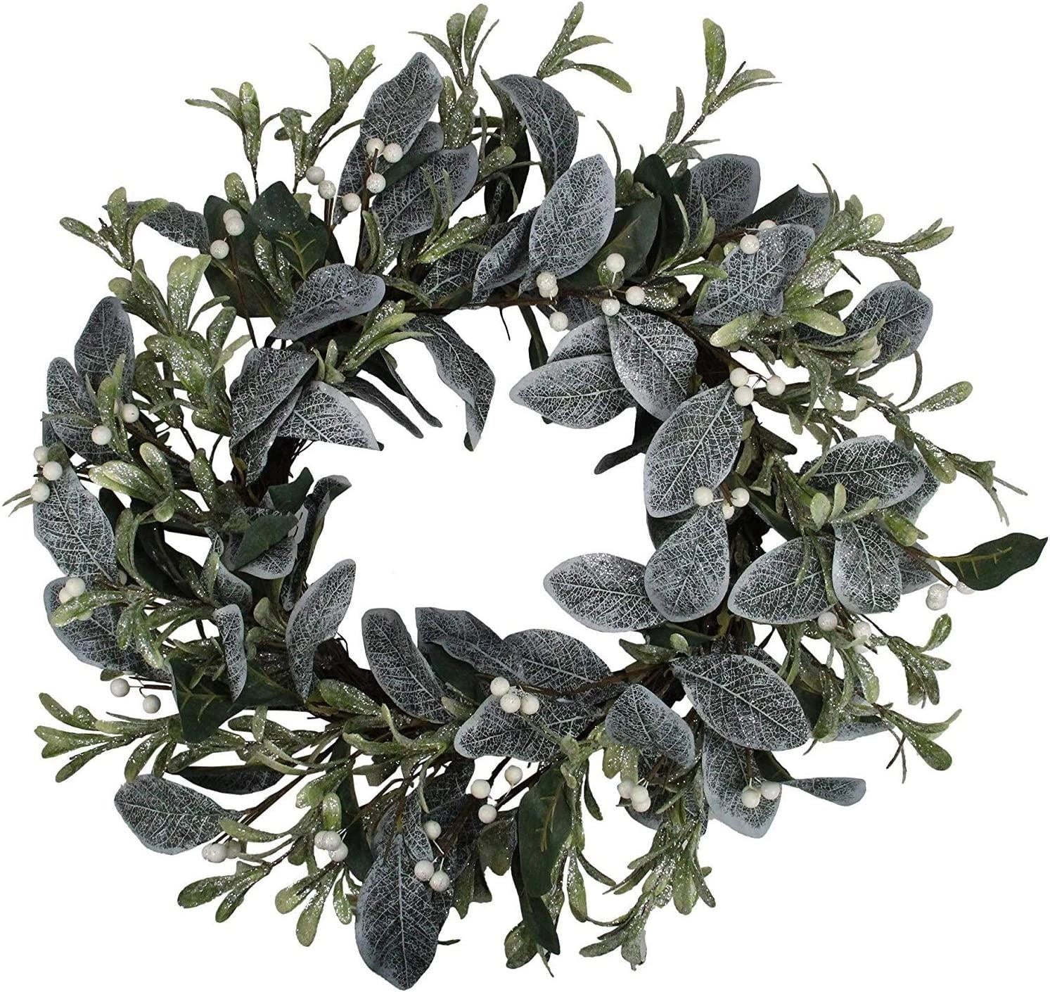 Natural Looking Wreath Decorated With Snowy Glitter Leaves