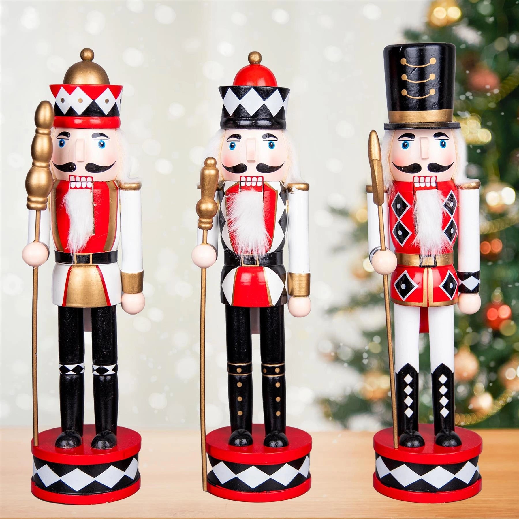 Christmas Decoration Wooden Nutcrackers 38cm Figures Ornament 3Pcs Set Red Black