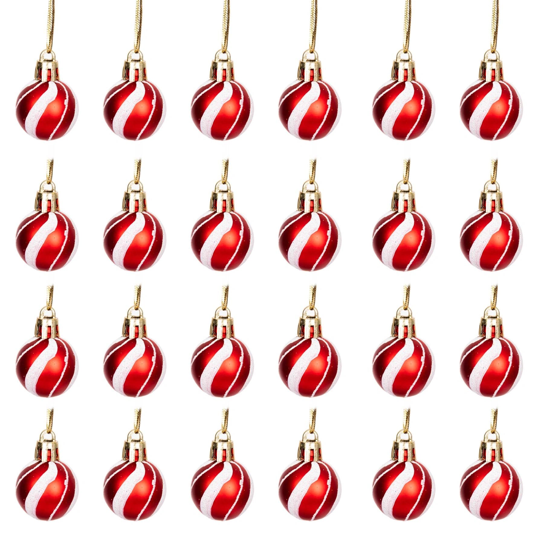 24 Red & White Candy Stripes Christmas Baubles Matte Shatterproof Decorations